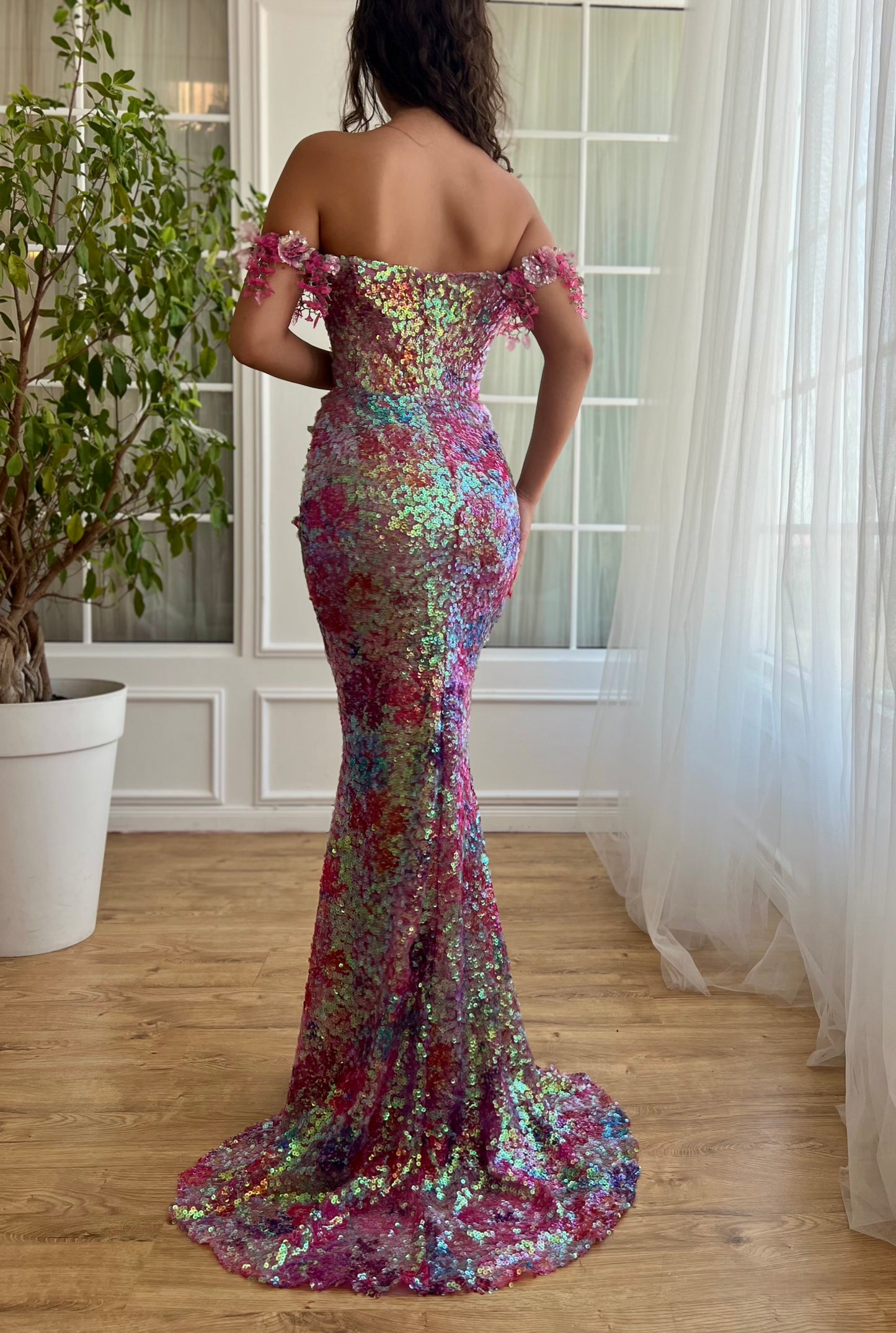 colorful mermaid dress with sequins, off shoulder sleeves and embroidery