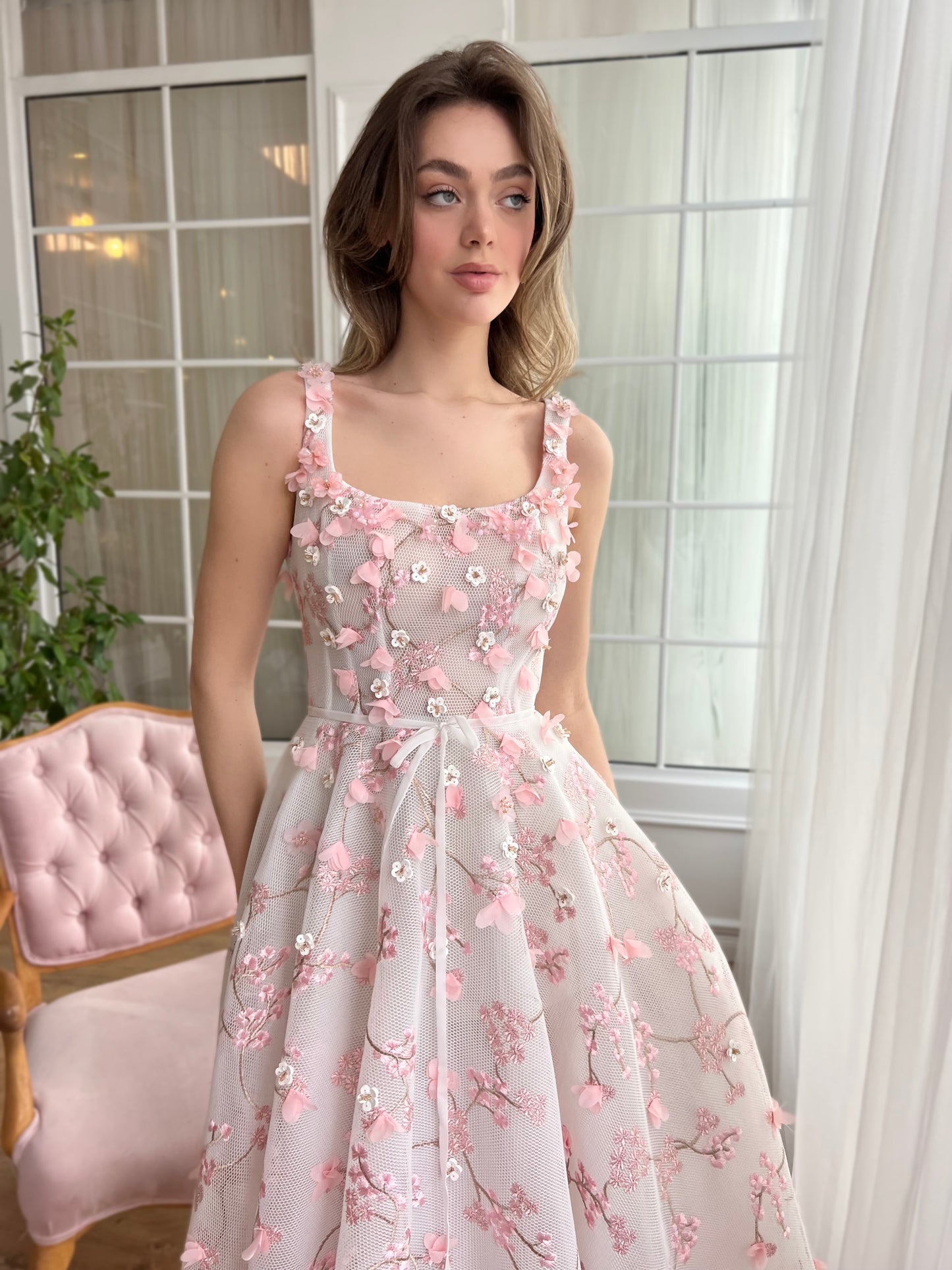Pink midi dress with embroidered cherry blossoms and straps