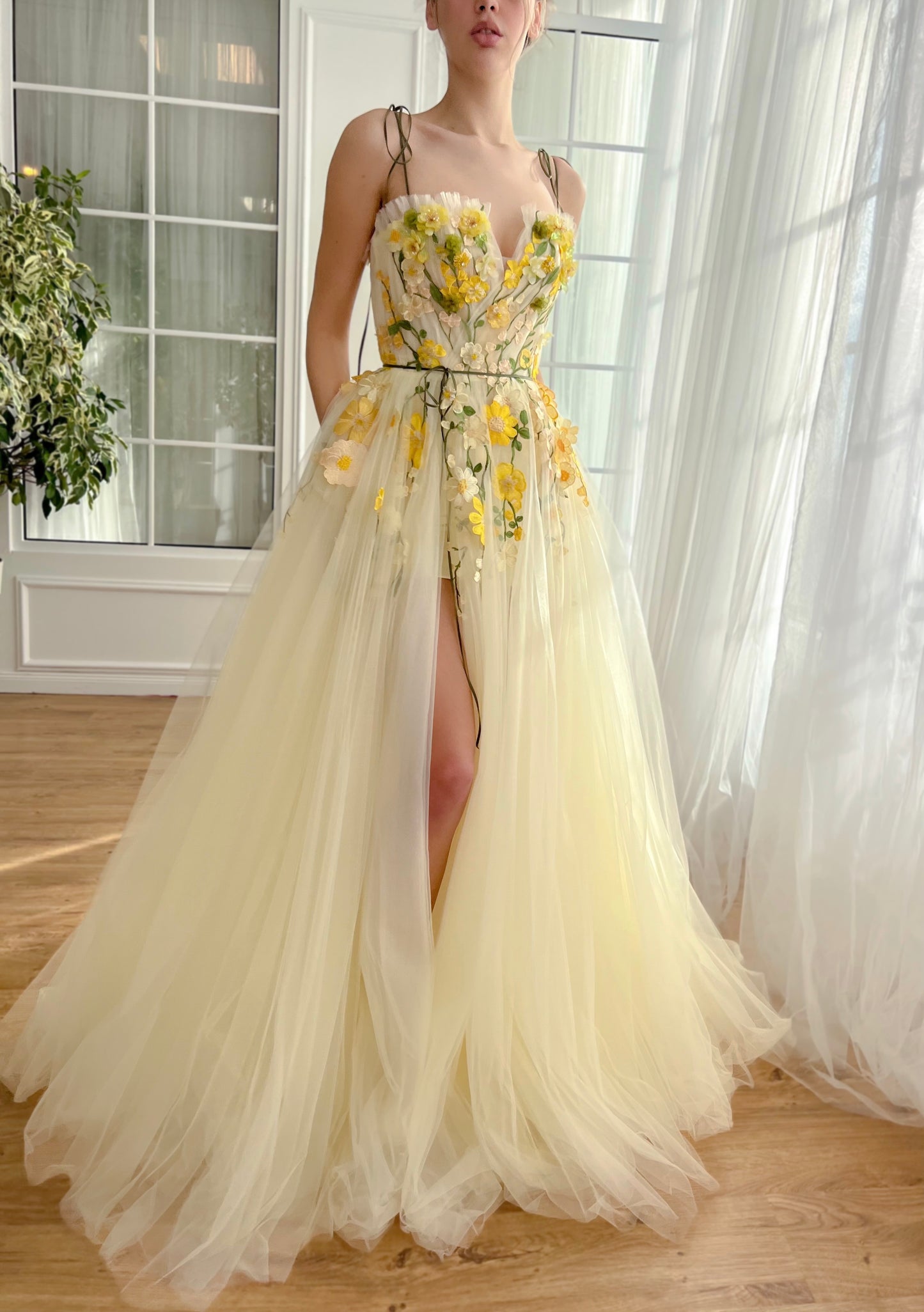 Yellow A-Line dress with spaghetti straps and embroidered flowers