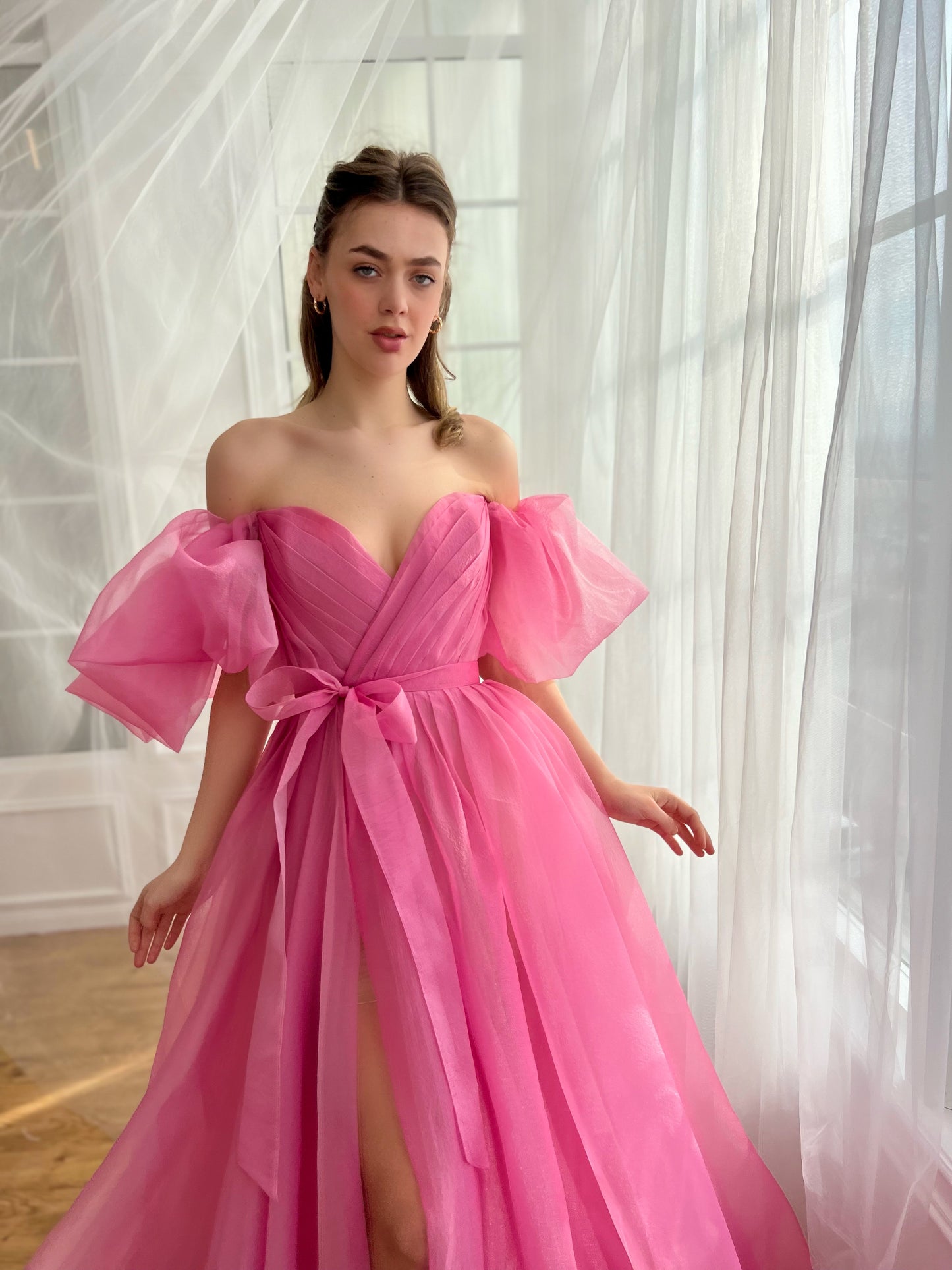 Pink A-Line dress with off the shoulder sleeves