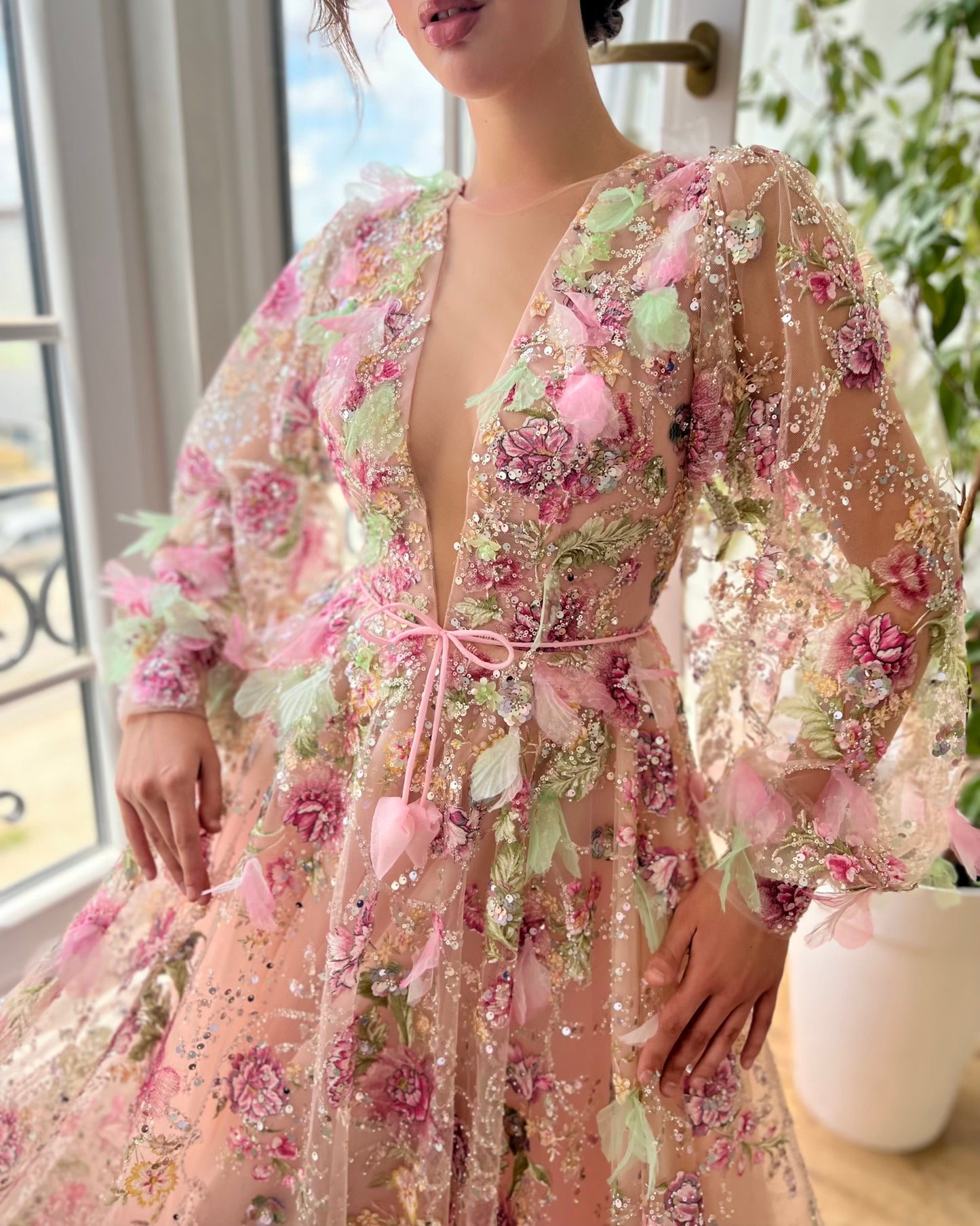 Pink A-Line Dress with v-neck, long sleeves and embroidery