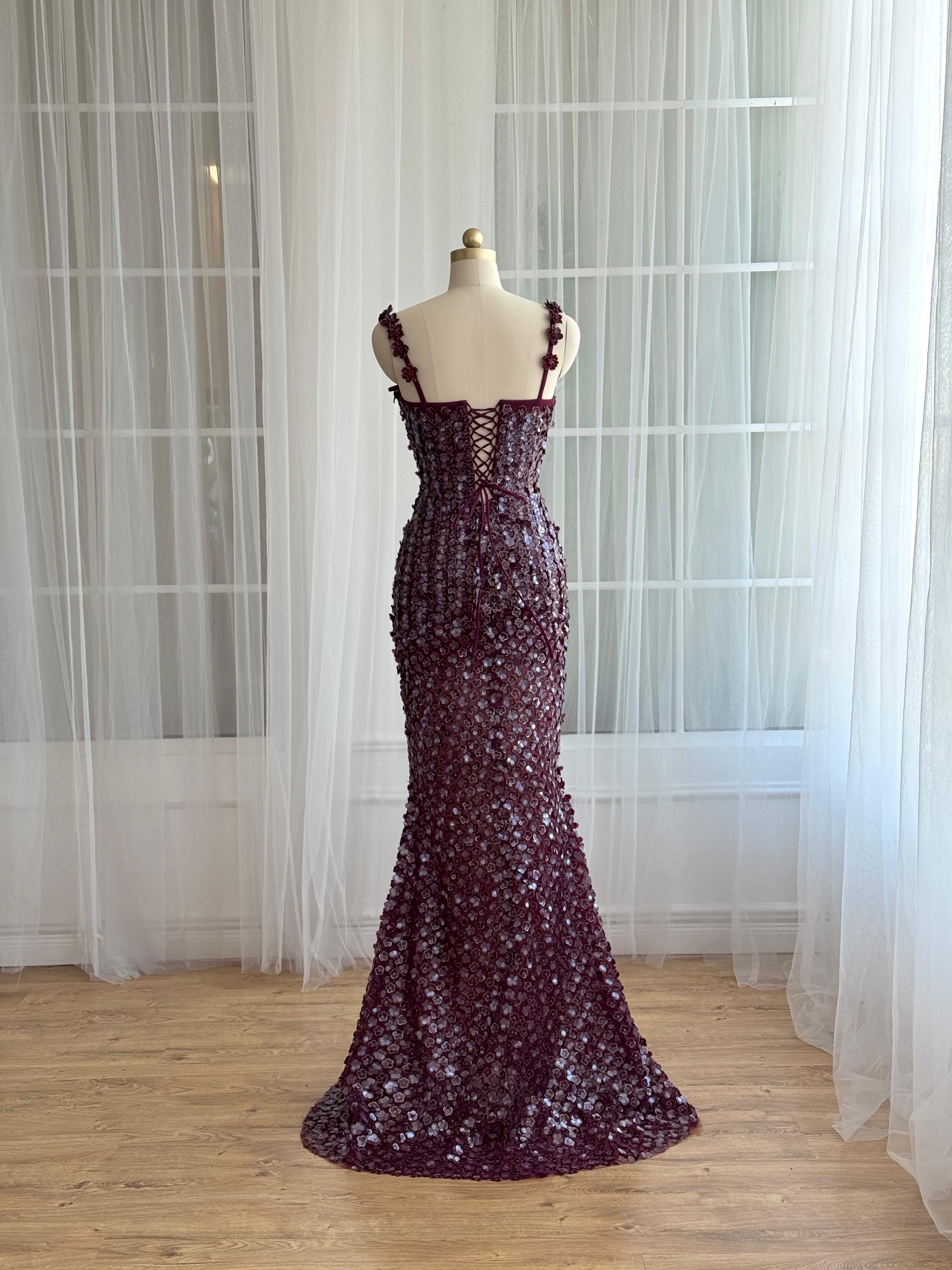 Purple mermaid dress with straps, embroidery and sequins