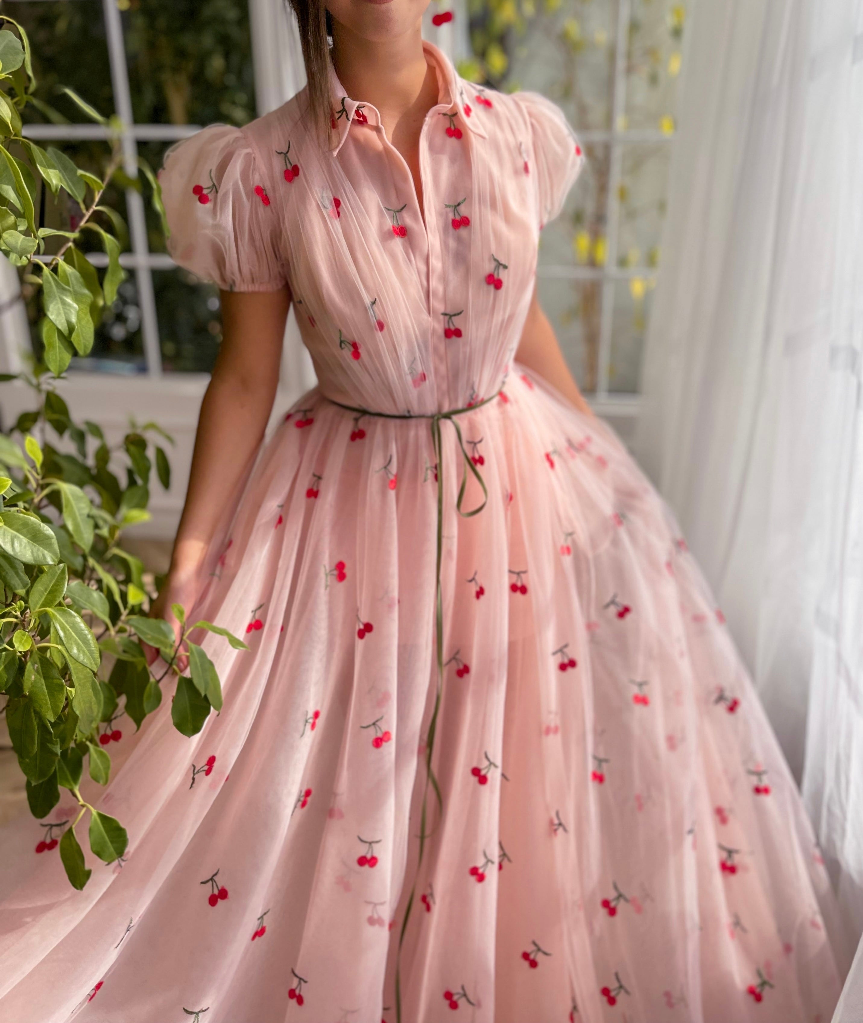 Pink A-Line dress with cherries, cap sleeves and collar top