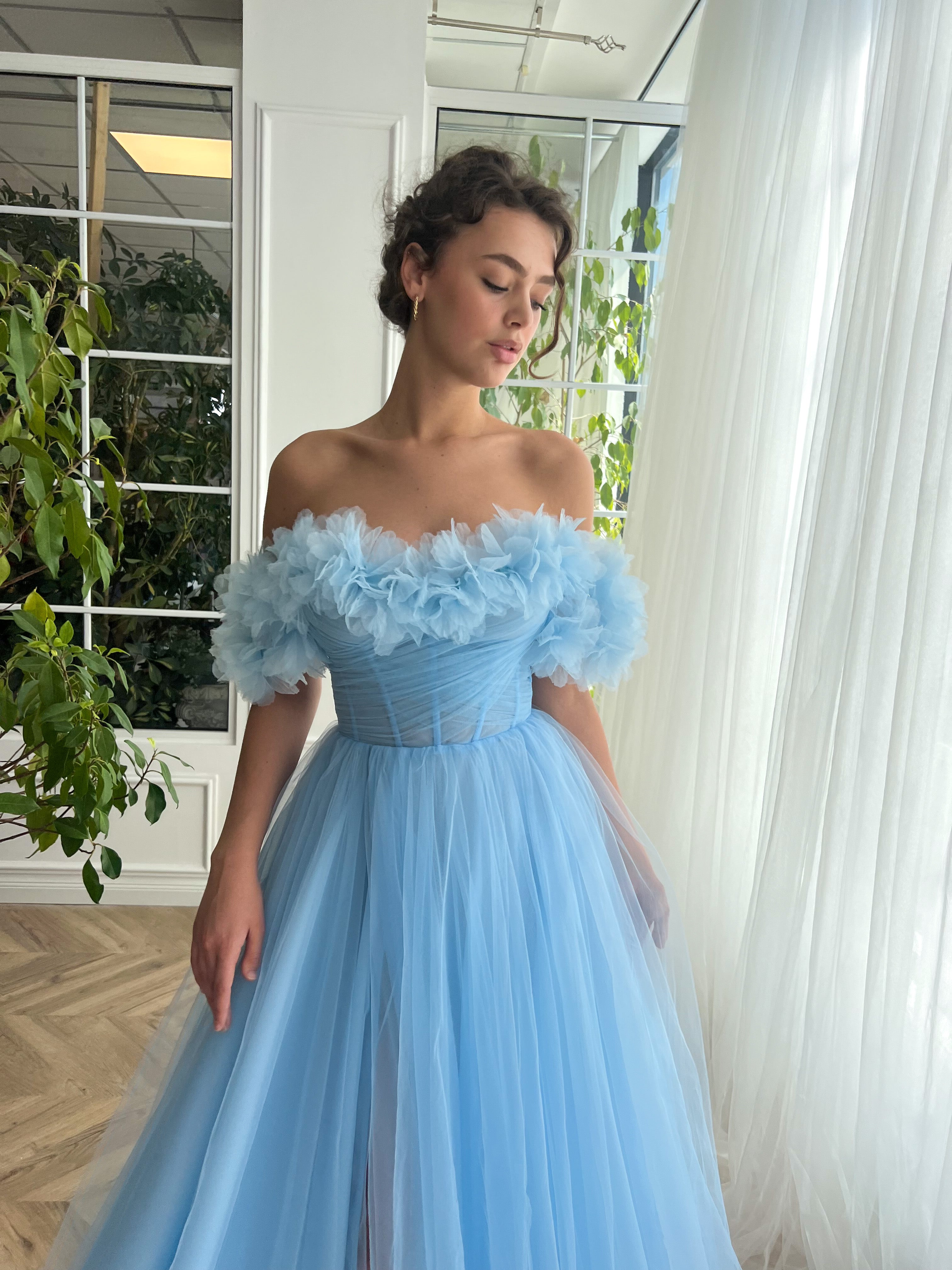 Blue A-Line dress with off the shoulder sleeves and embroidery