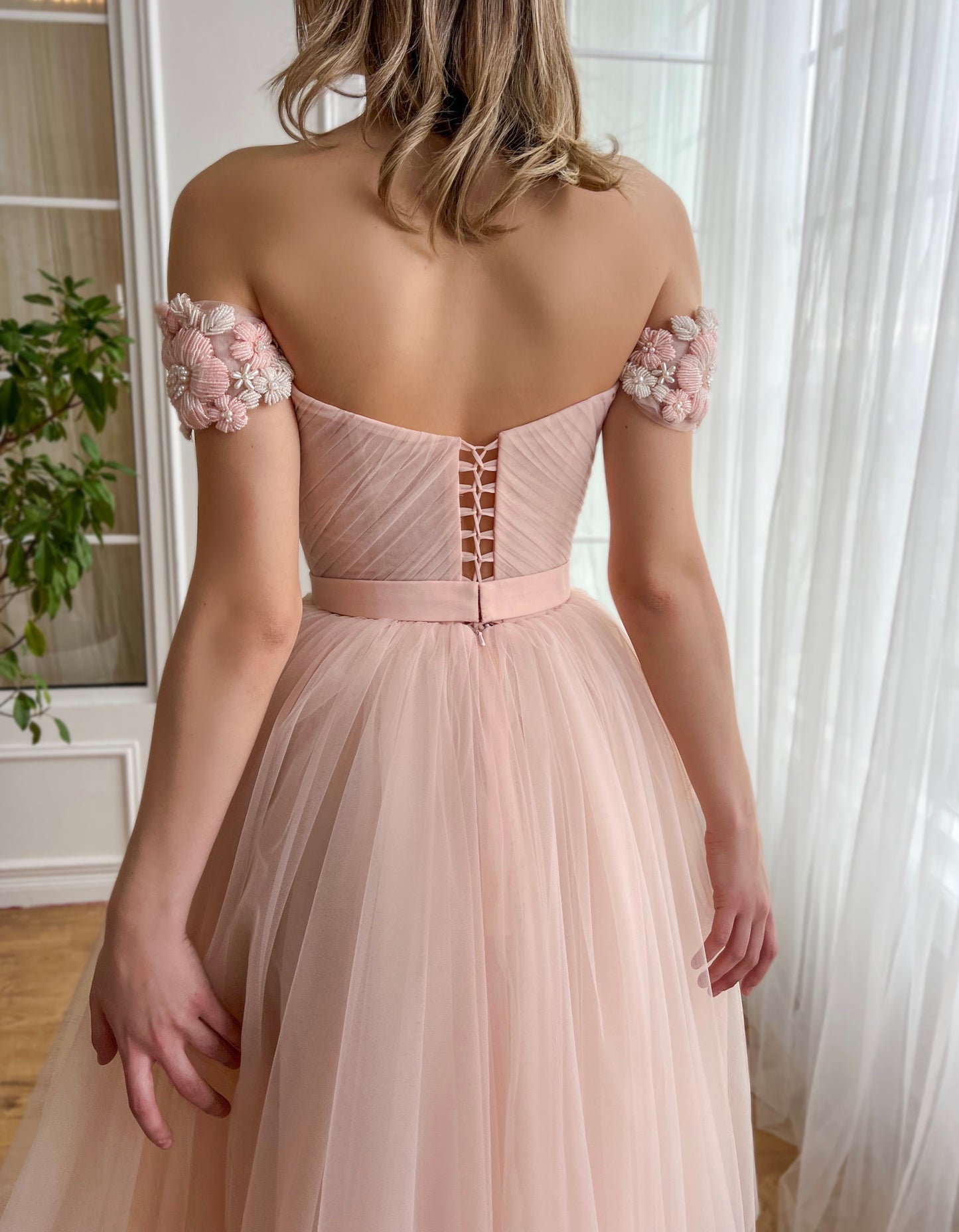Peach midi dress with off the shoulder sleeves and embroidery
