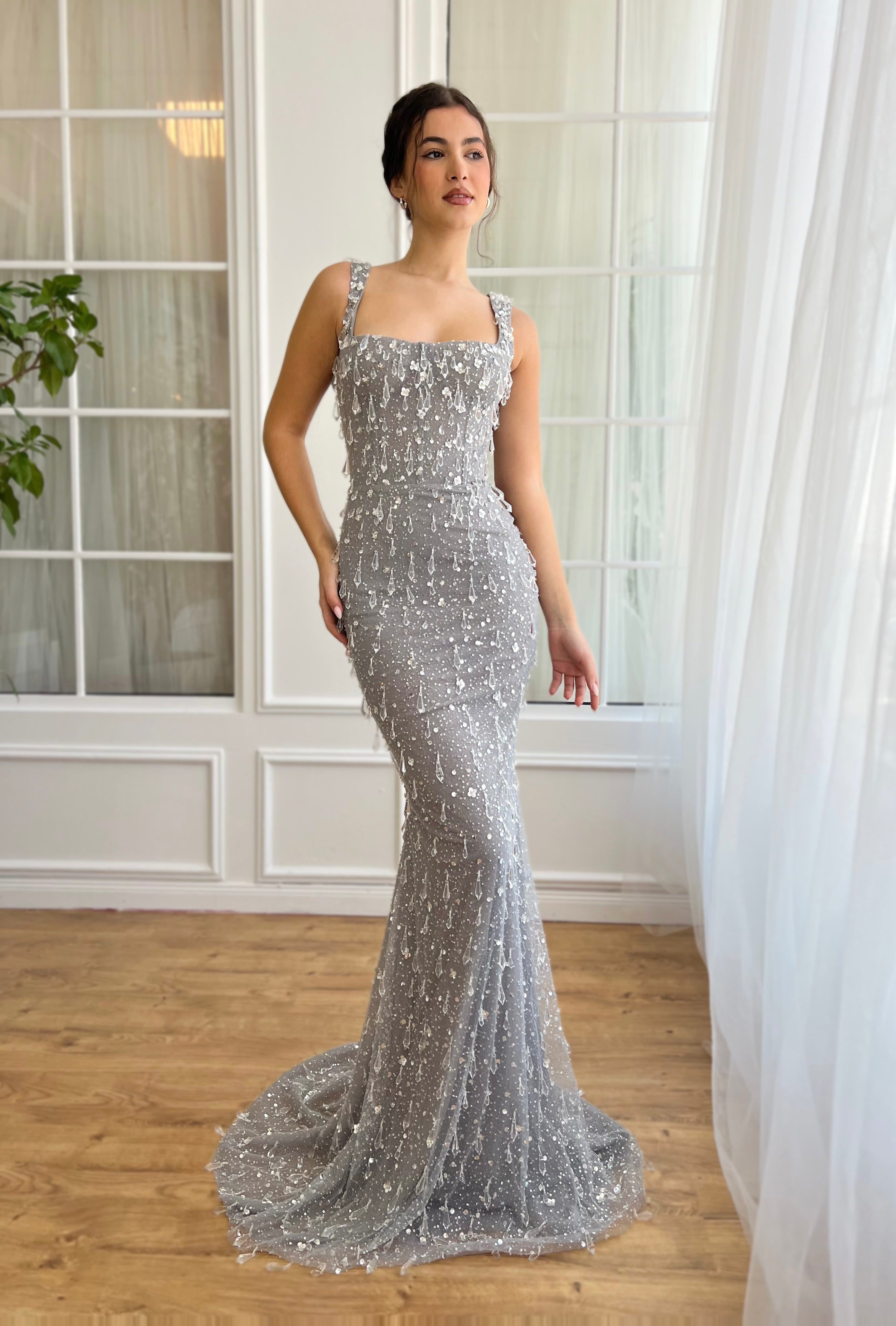 Grey mermaid dress with straps and embroidered crystals