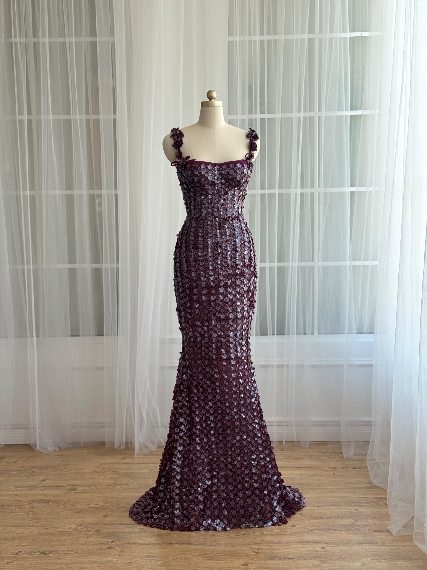 Purple mermaid dress with straps, embroidery and sequins