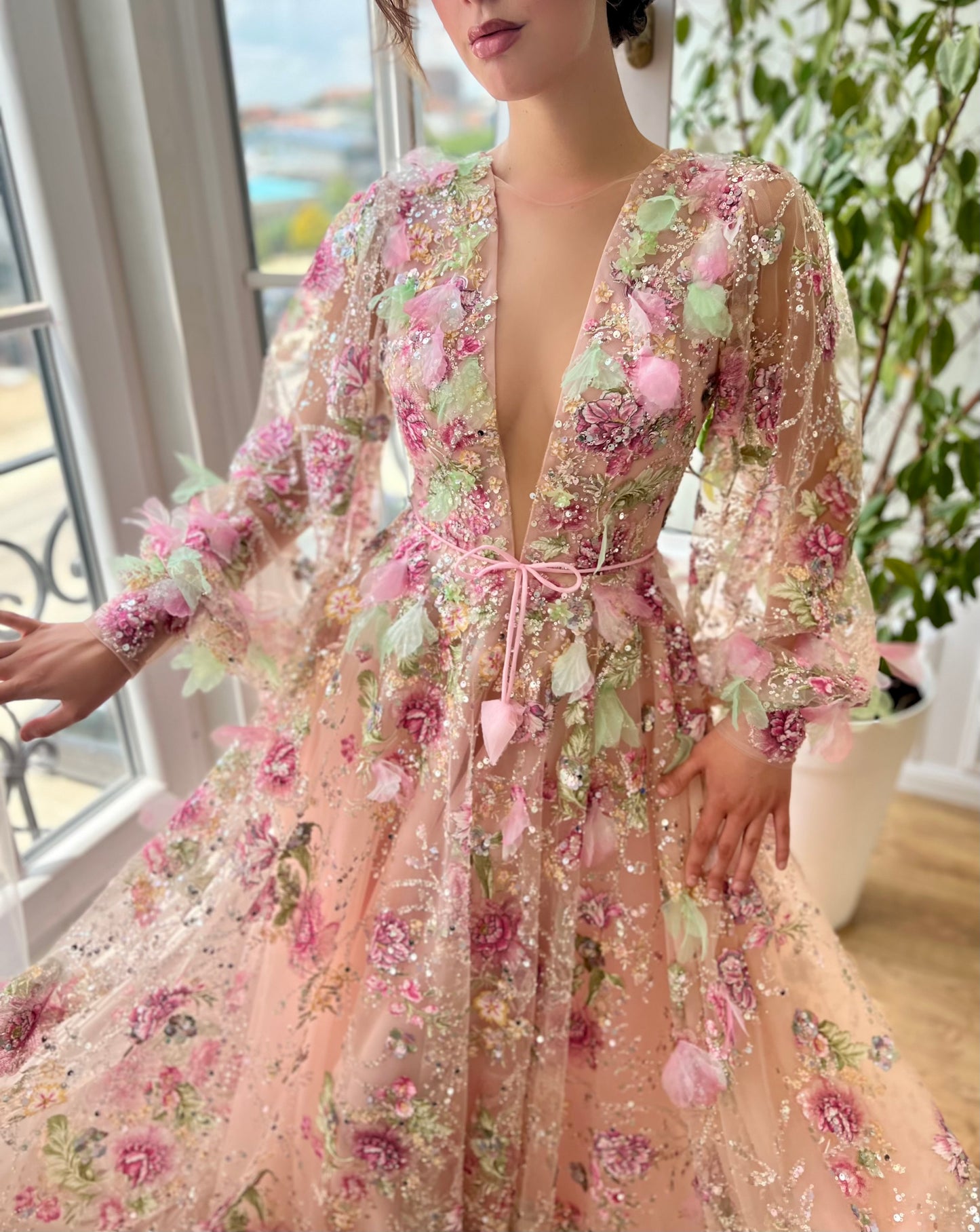 Pink A-Line Dress with v-neck, long sleeves and embroidery