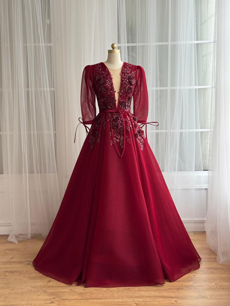 long sleeve red tulle dress Red Tulle Short Prom Dress with Long Sleeve Cocktail Dress US 10
