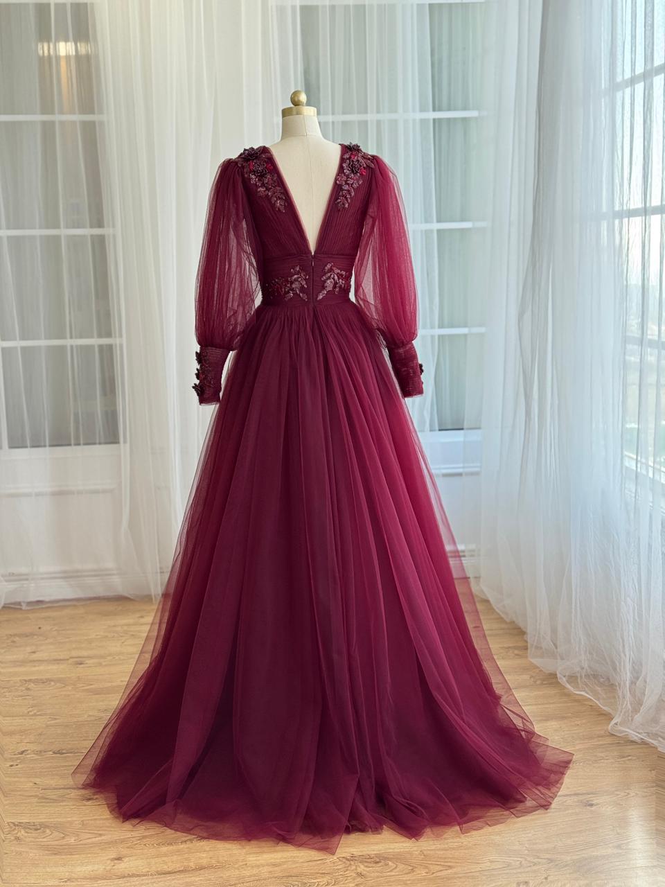 Burgundy A-Line dress with v-neck, long sleeves and embroidery