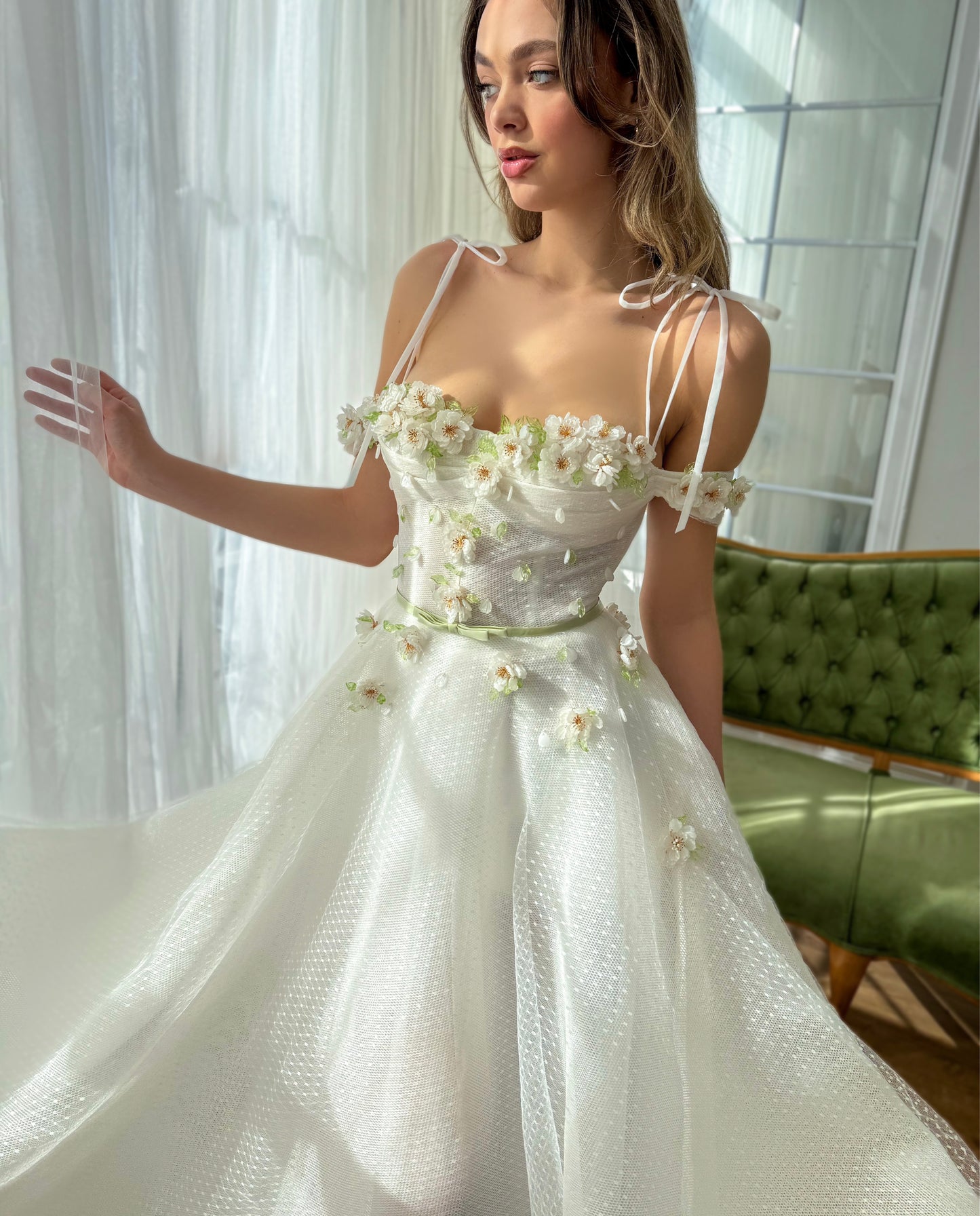 White A-Line dress with spaghetti straps and embroidery