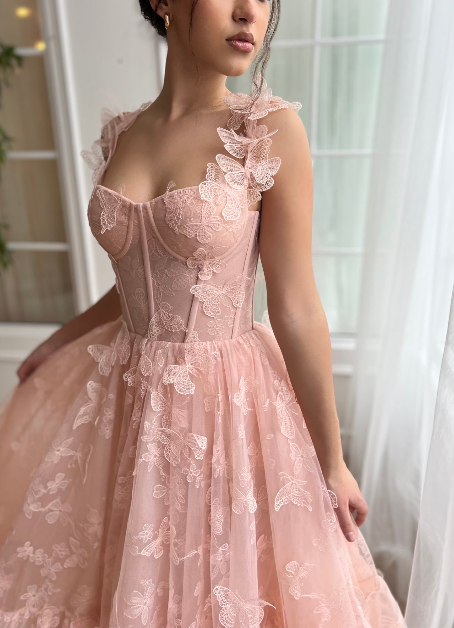 Pink midi dress with embroidered butterflies and straps
