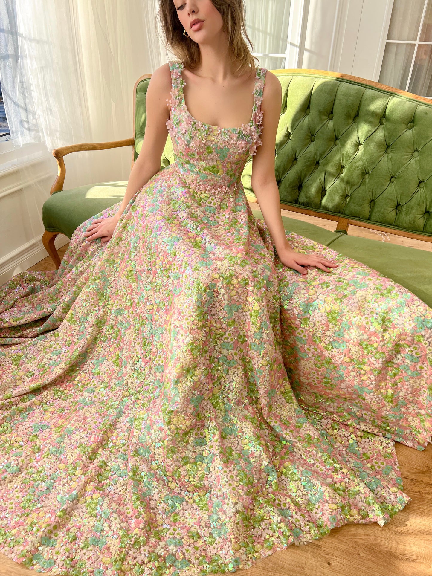 Colorful A-Line dress with embroidery and flowers and straps