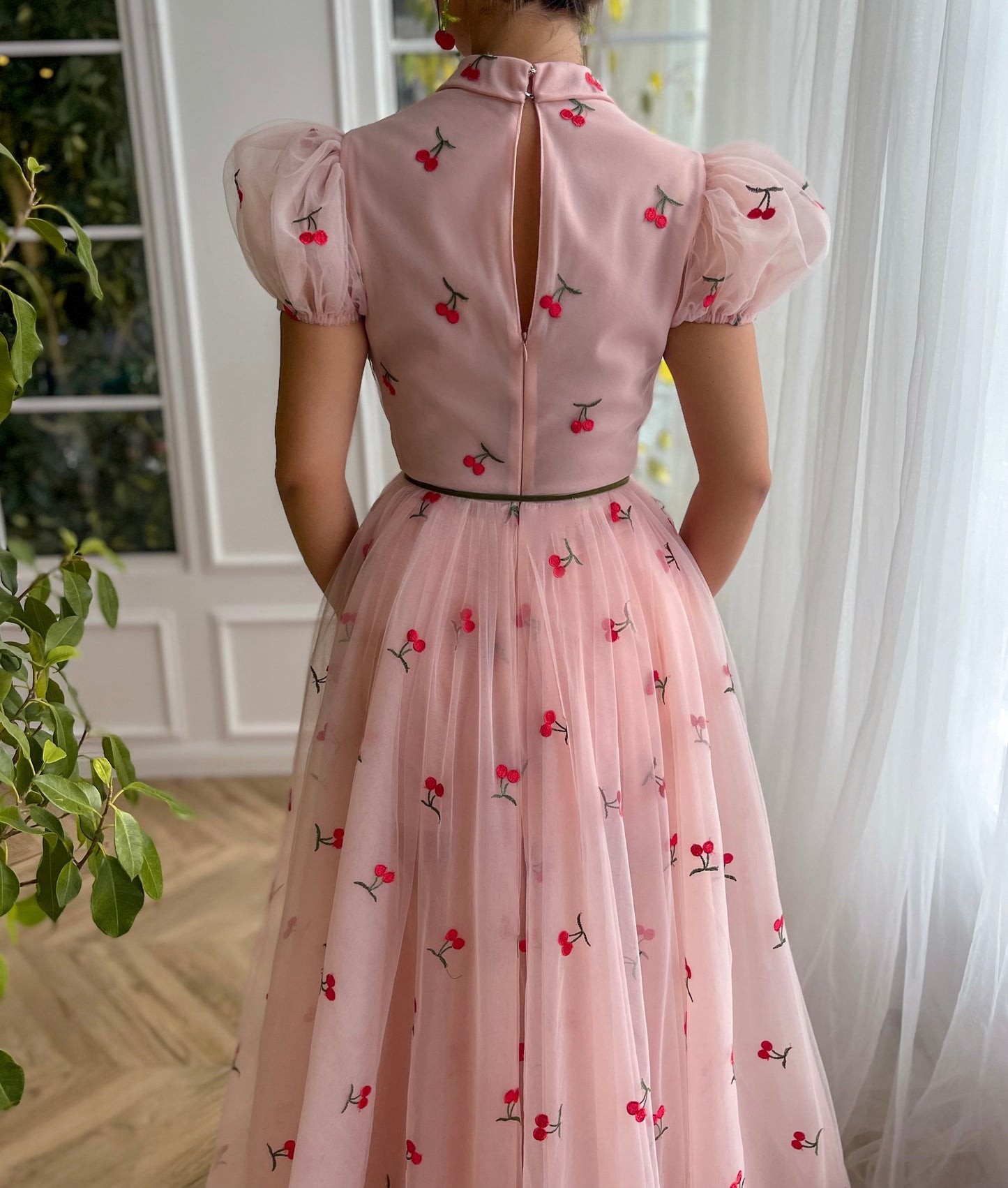 Pink A-Line dress with cherries, cap sleeves and collar top