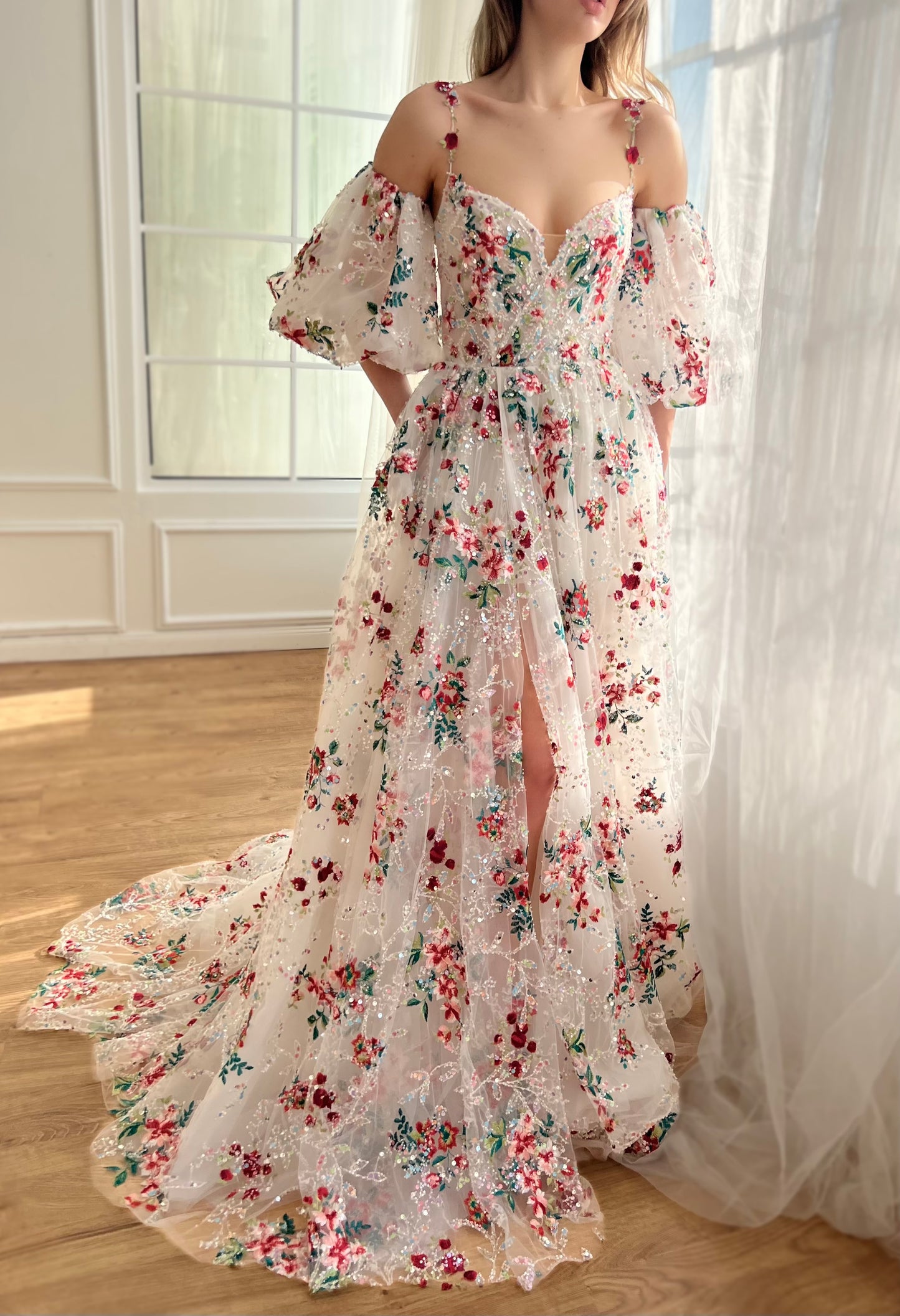 White A-Line dress with spaghetti straps, off the shoulder sleeves and embroidery
