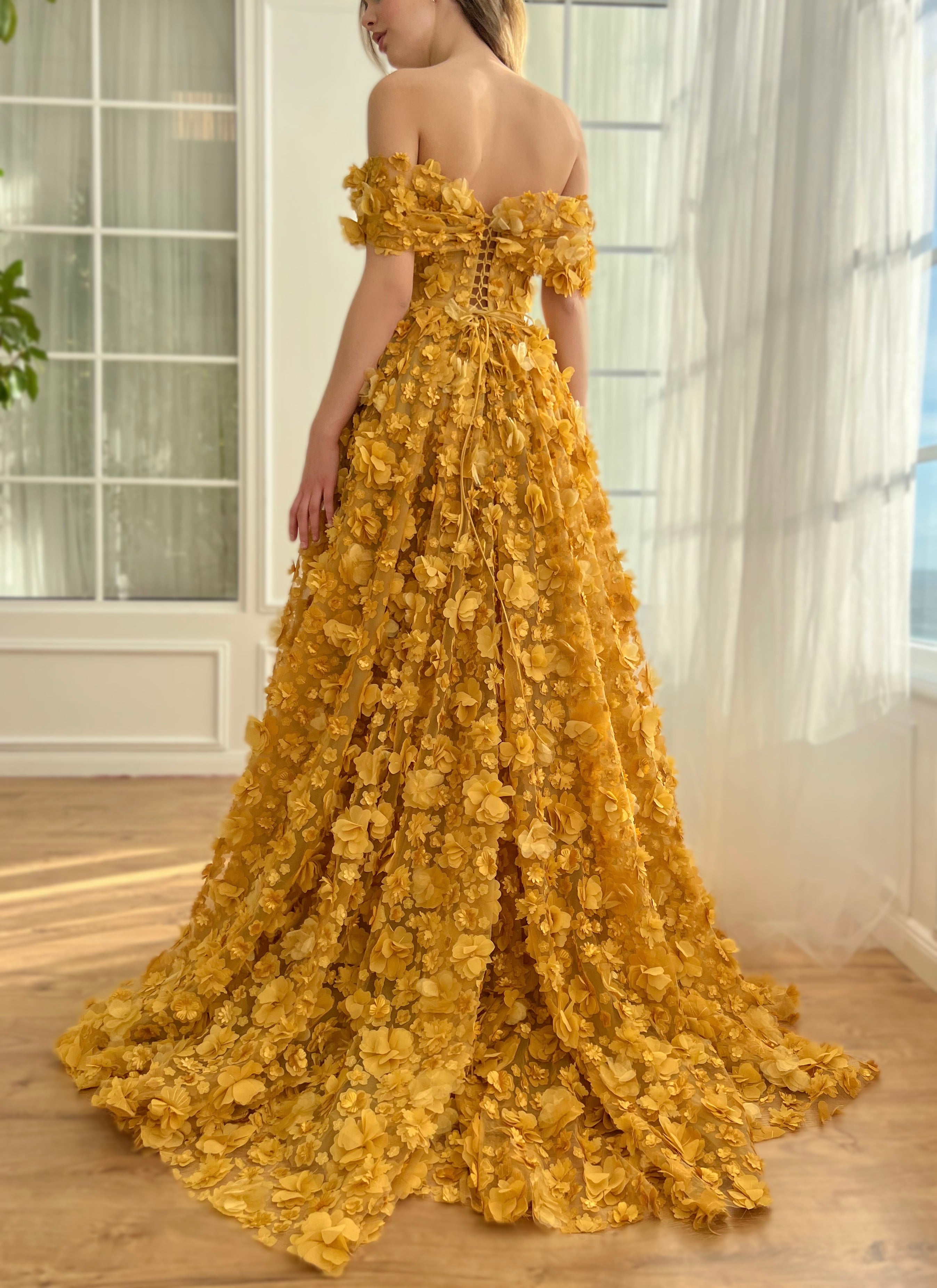 Gold A-Line dress with embroidery and off the shoulder sleeves