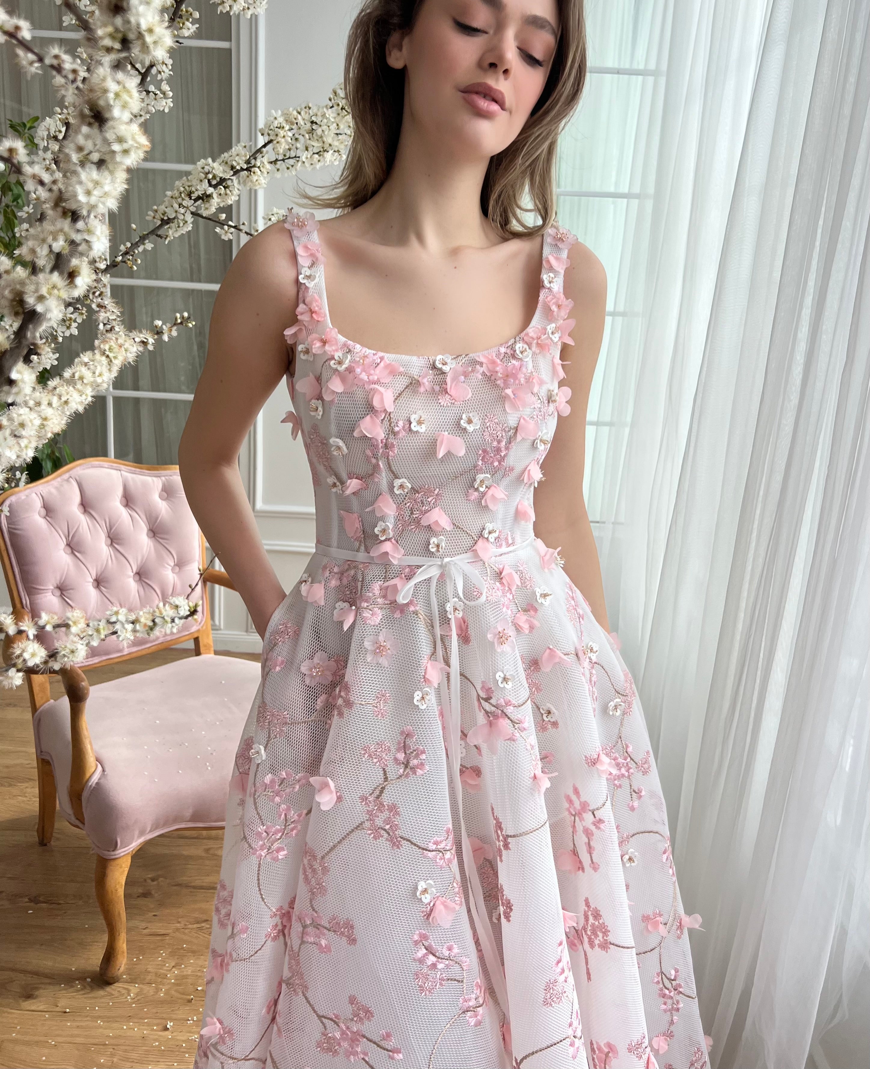 Pink midi dress with embroidered cherry blossoms and straps