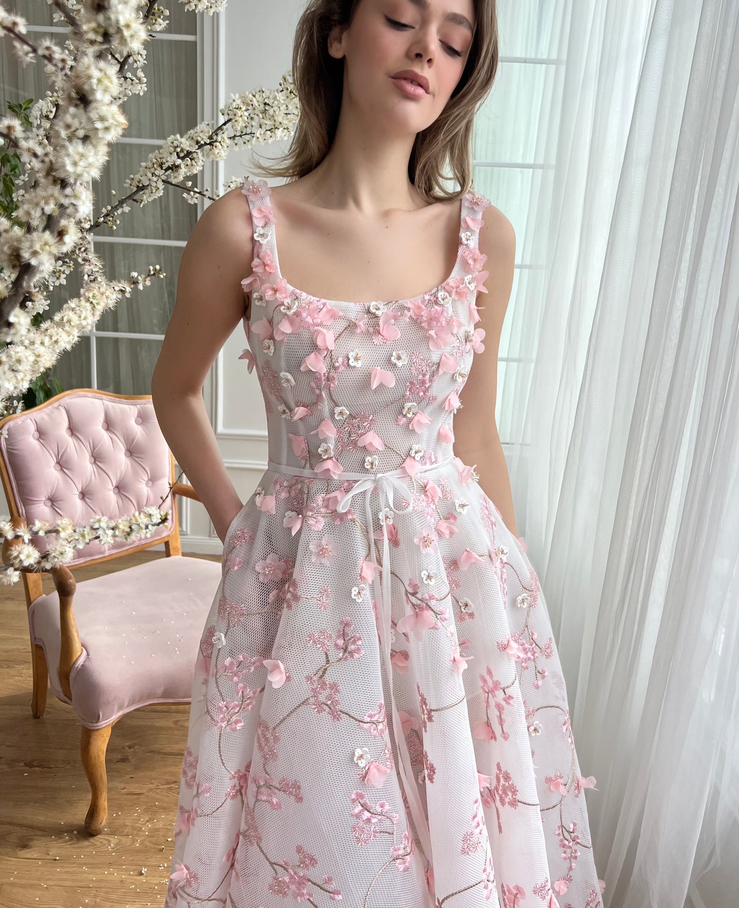 Pink midi dress with embroidered cherry blossoms and straps