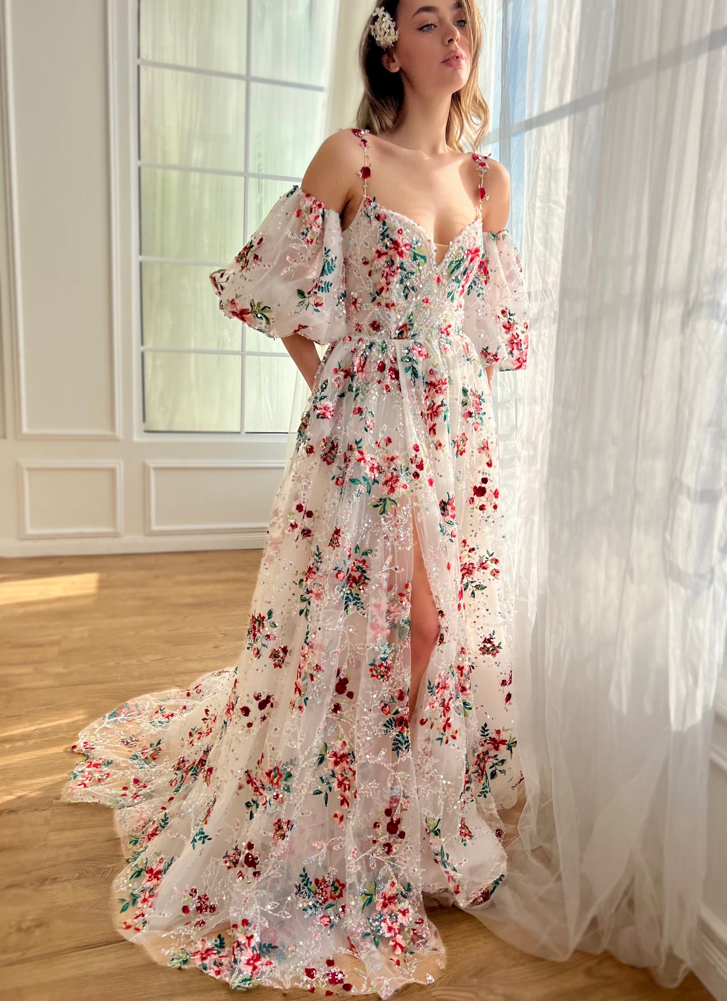 White A-Line dress with spaghetti straps, off the shoulder sleeves and embroidery
