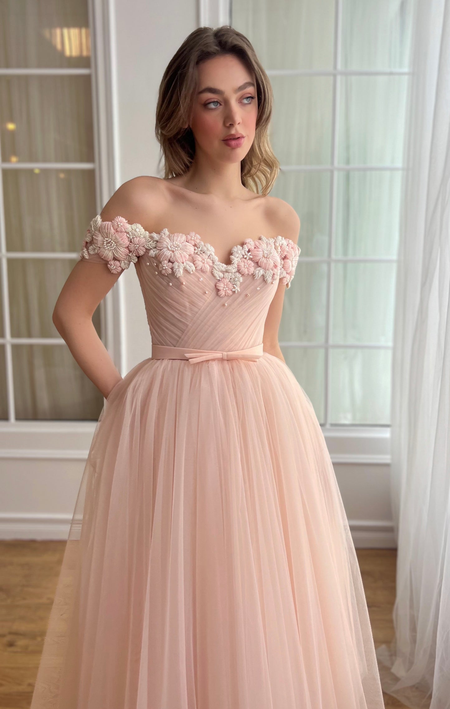 Peach midi dress with off the shoulder sleeves and embroidery