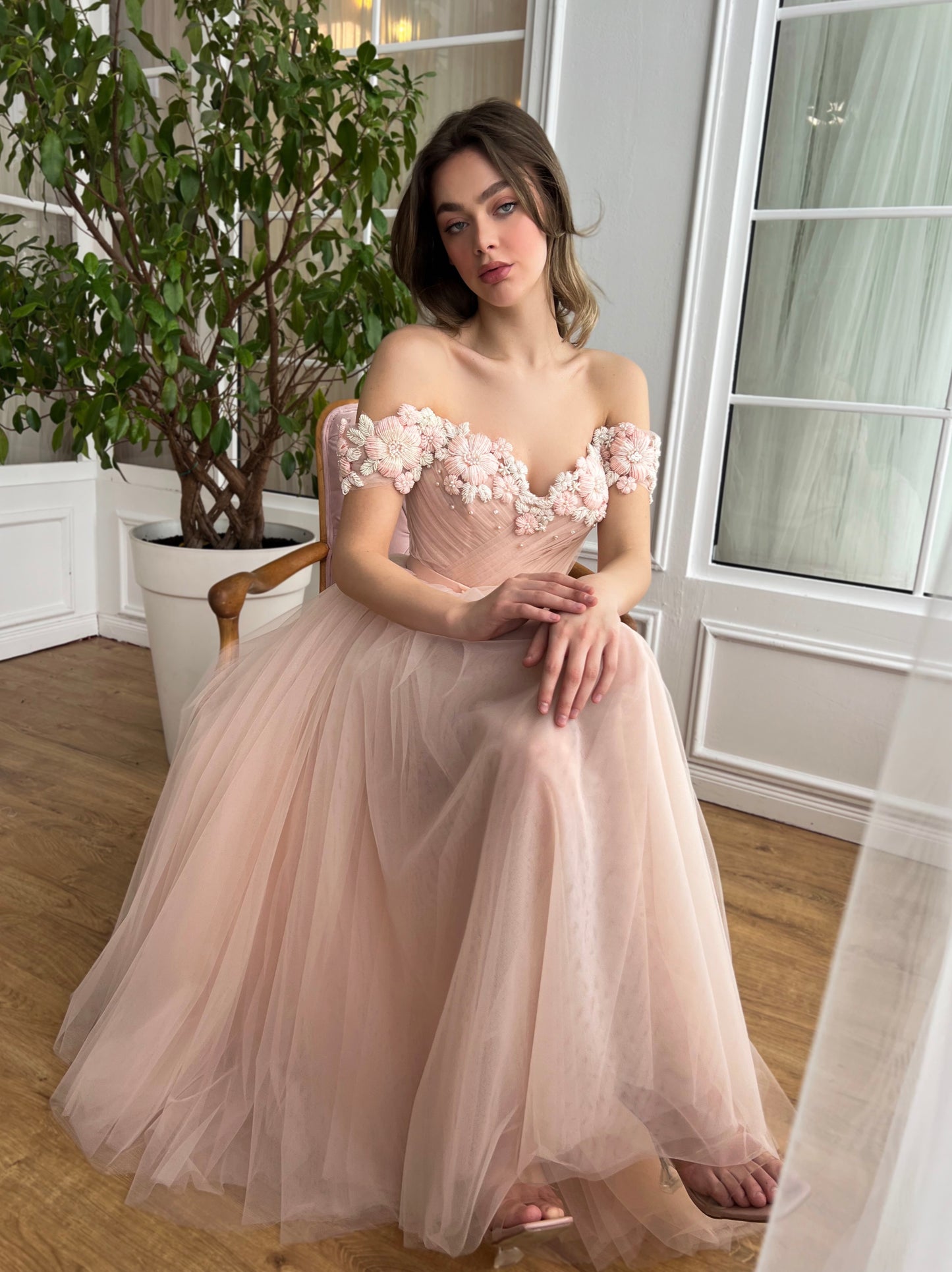 Peach midi dress with off the shoulder sleeves and embroidery
