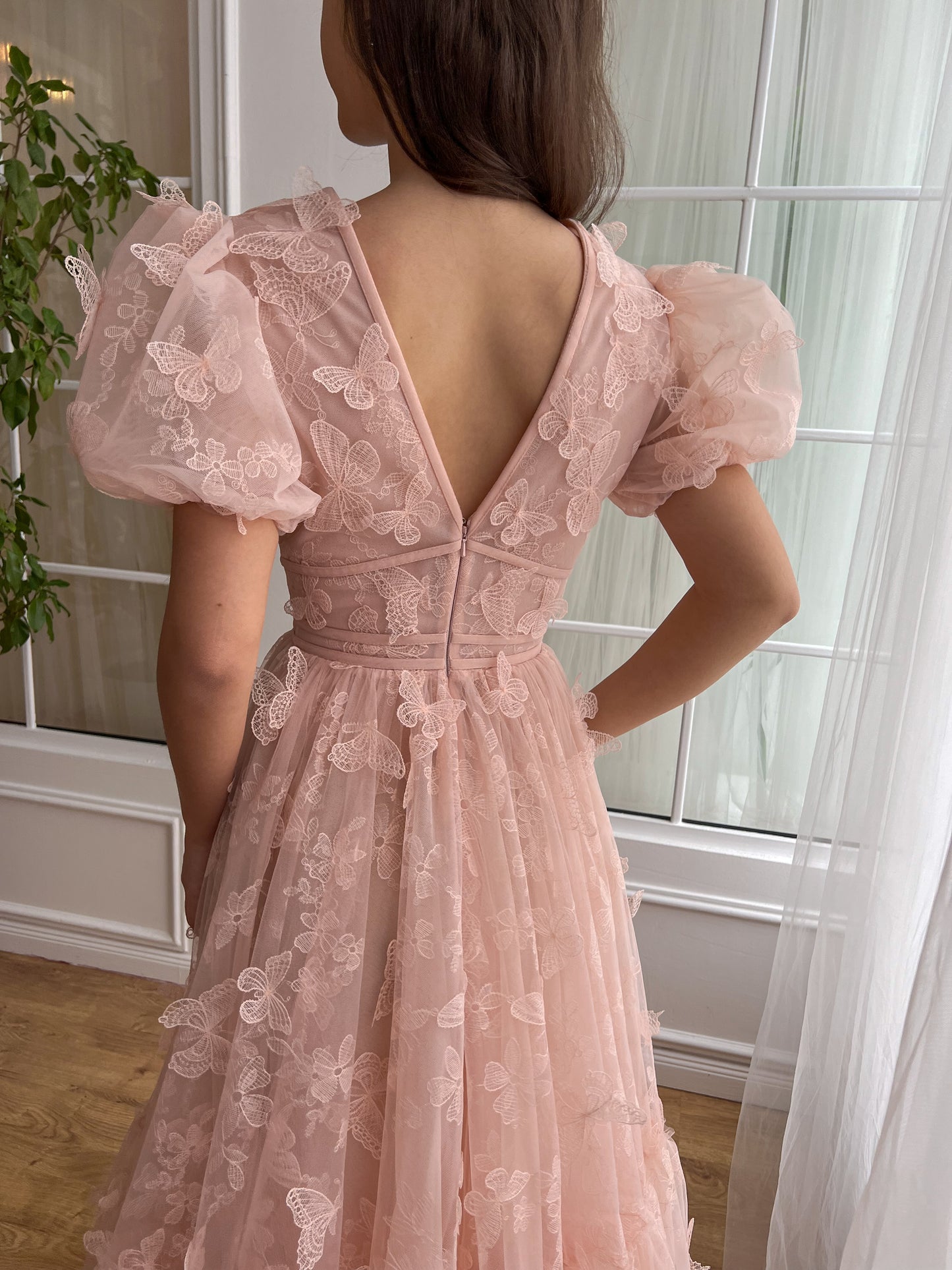 Pink A-Line dress with short sleeves, v-neck and embroidered butterflies