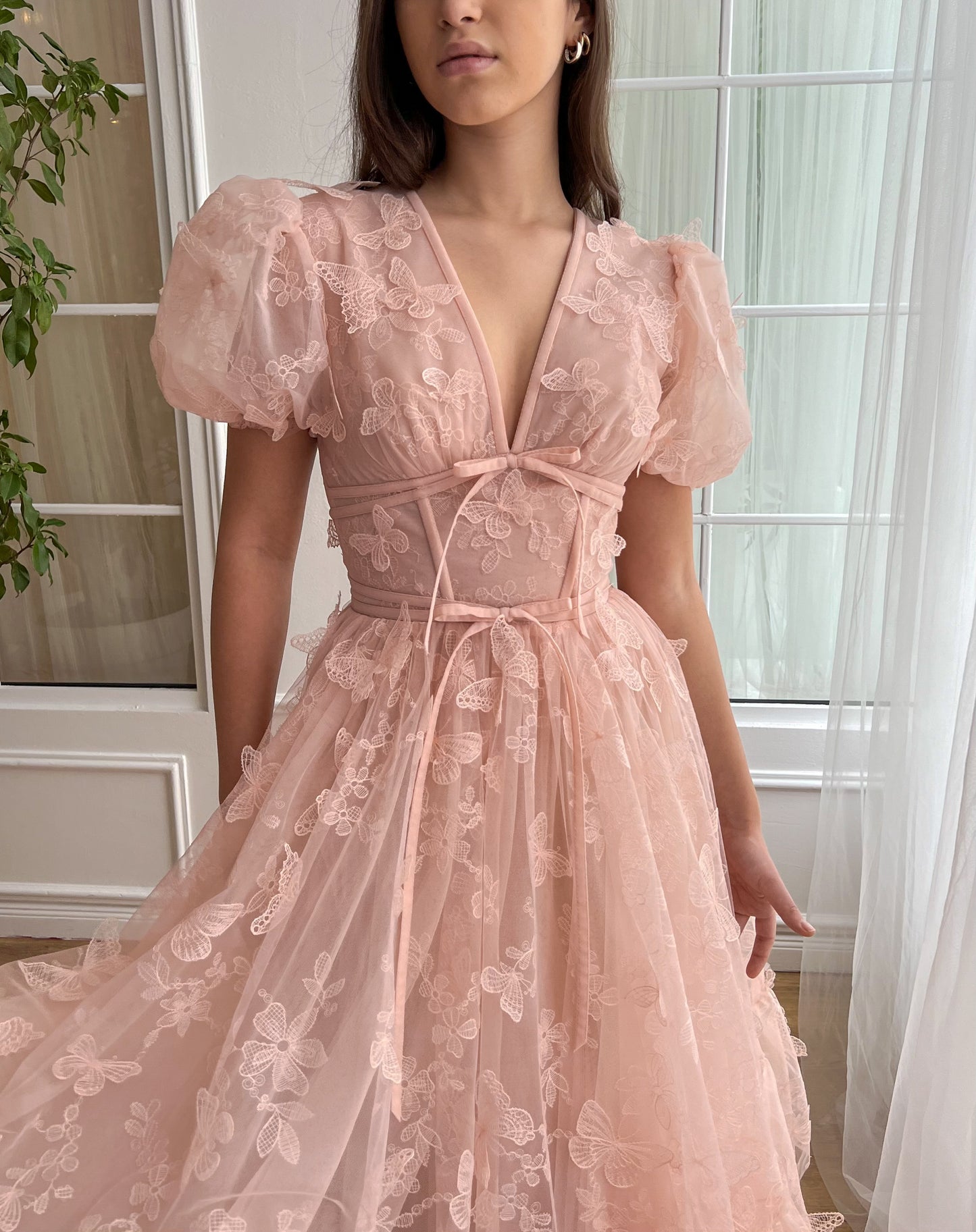 Pink A-Line dress with short sleeves, v-neck and embroidered butterflies