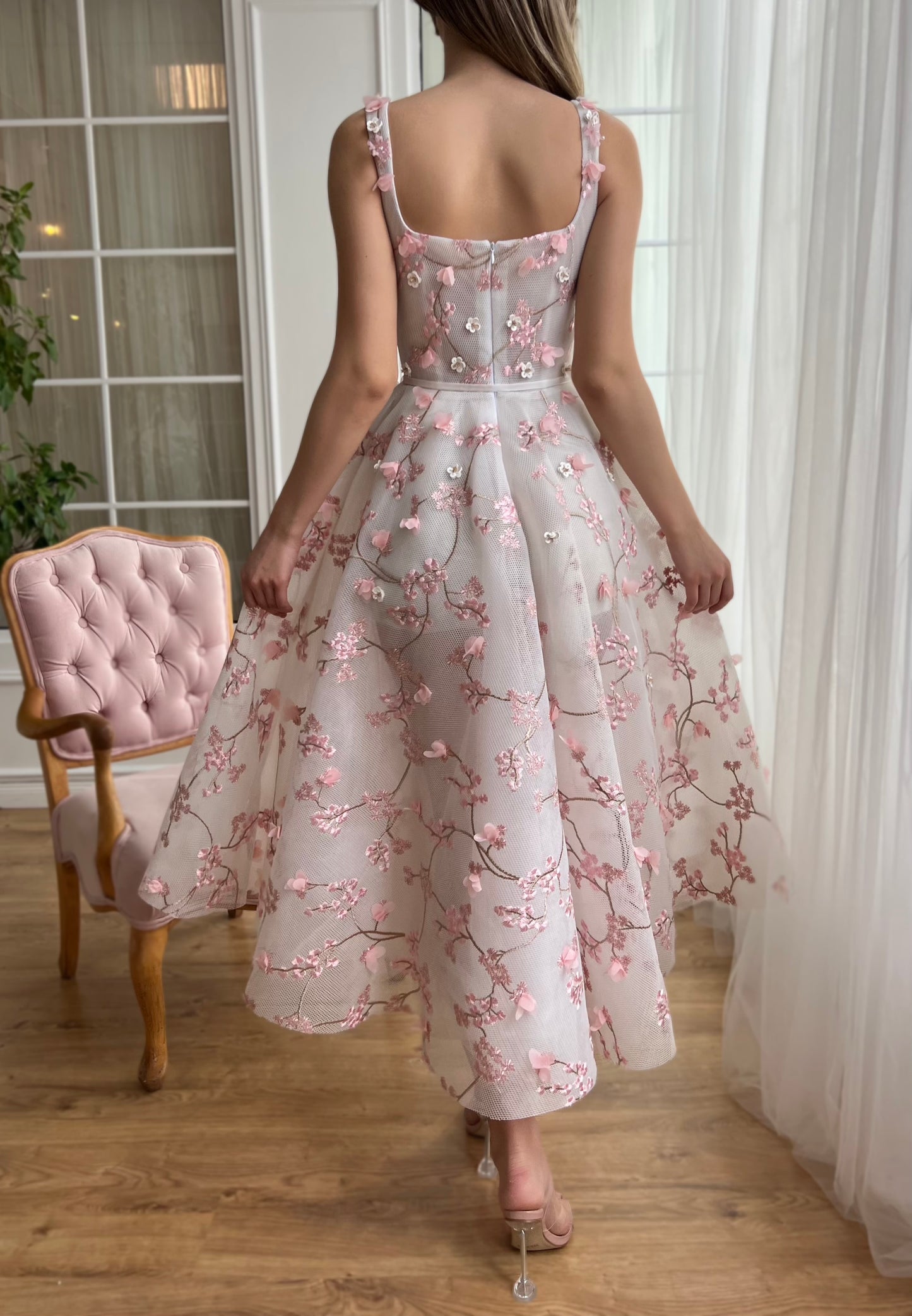Pink midi dress with embroidered cherry blossoms and straps