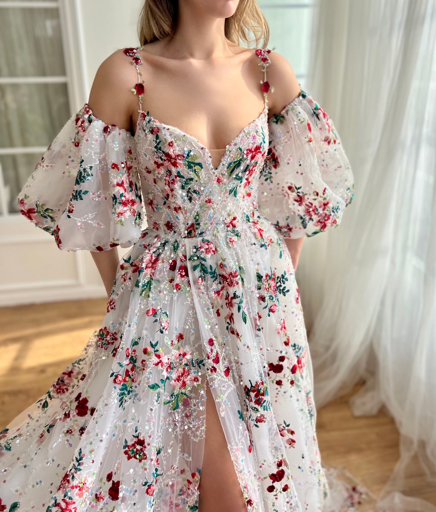 White A-Line dress with spaghetti straps, off the shoulder sleeves and embroidery