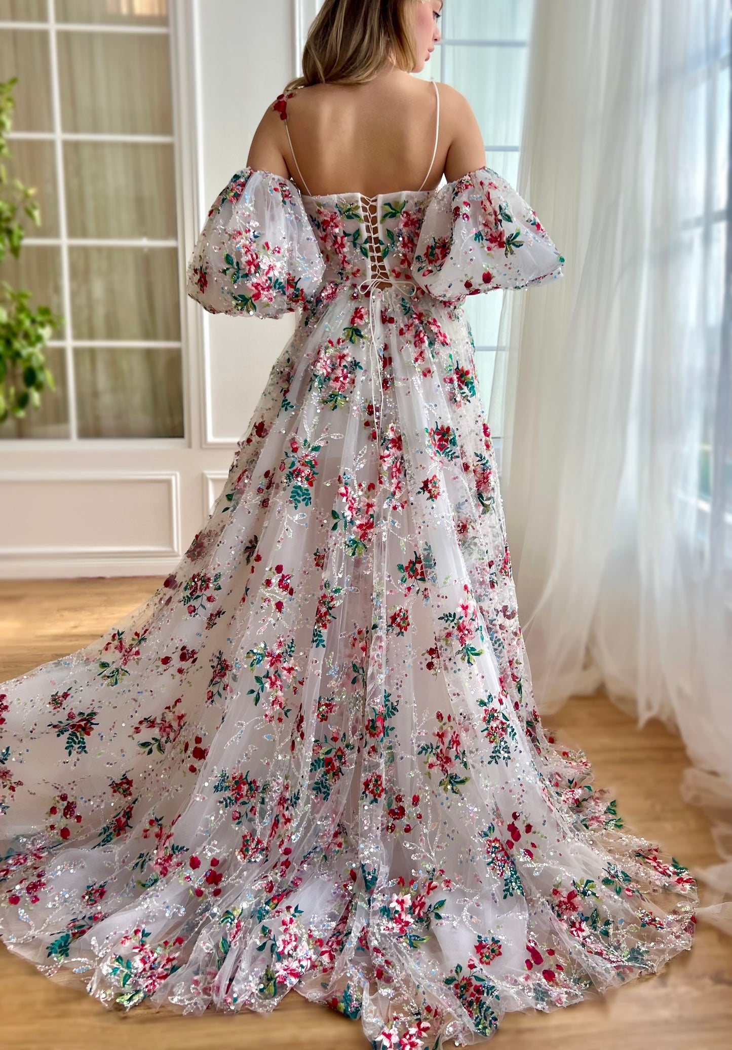 White A-Line dress with spaghetti straps, off the shoulder sleeves and embroidery