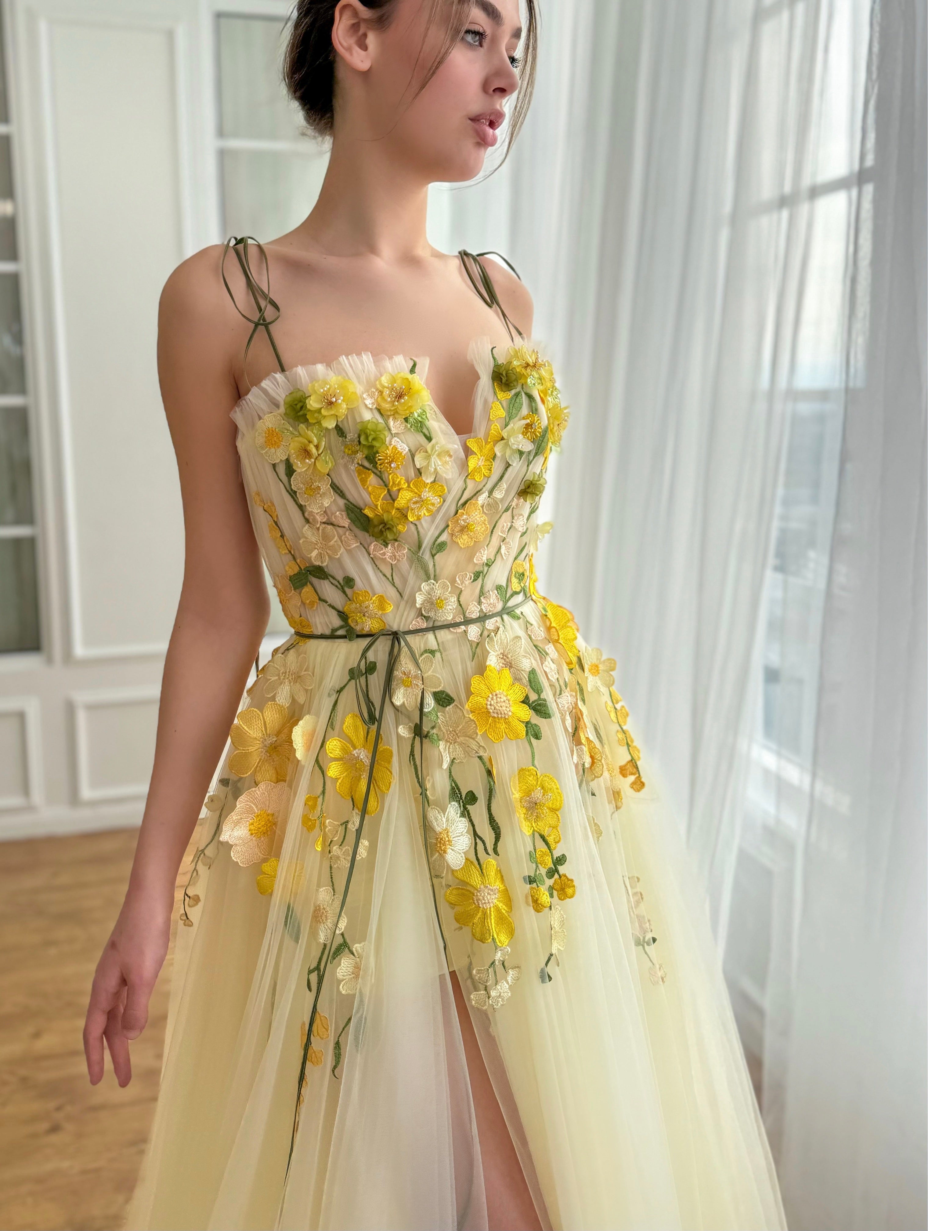 Yellow A-Line dress with spaghetti straps and embroidered flowers