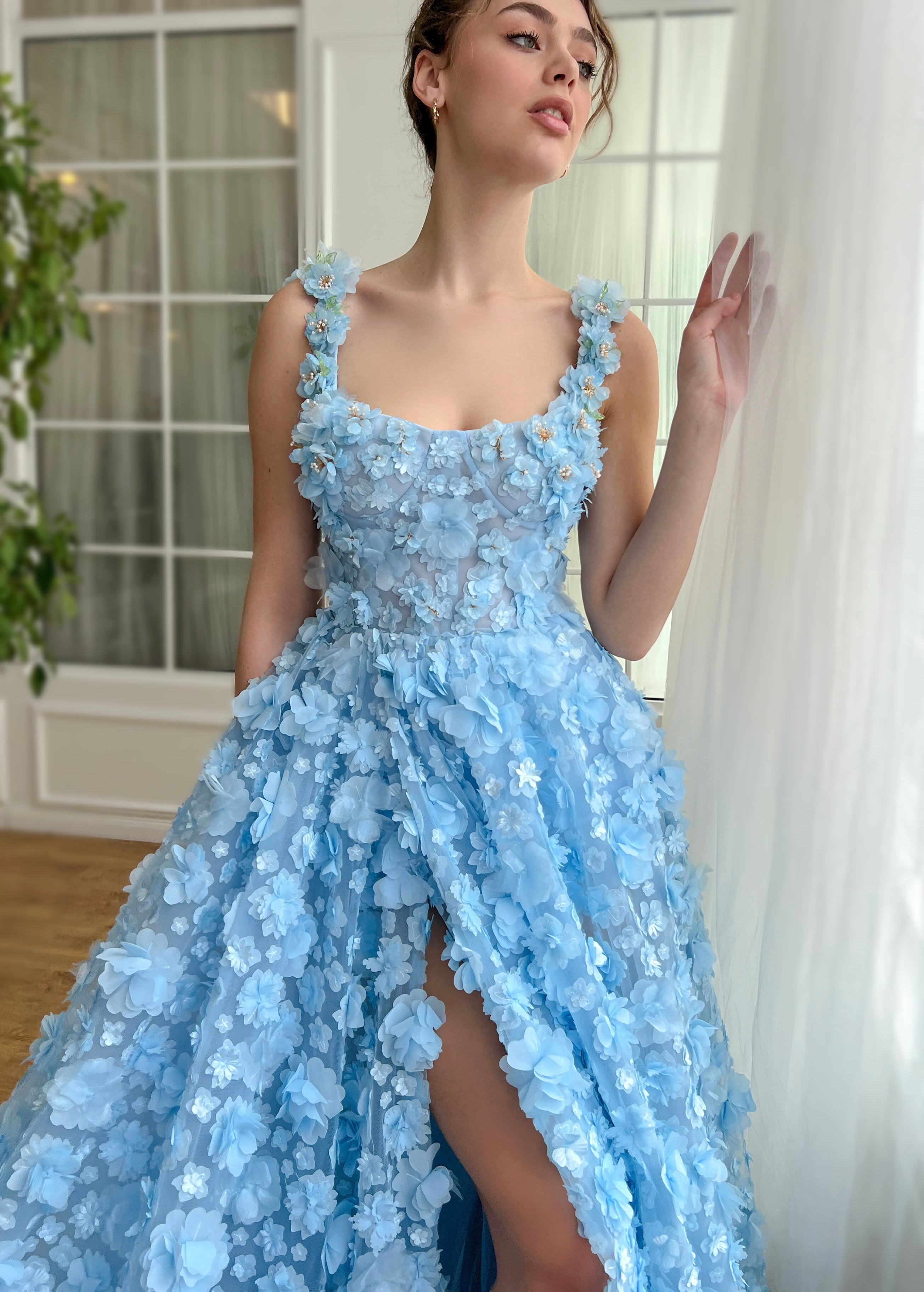 Blue A-Lin dress with straps and embroidery