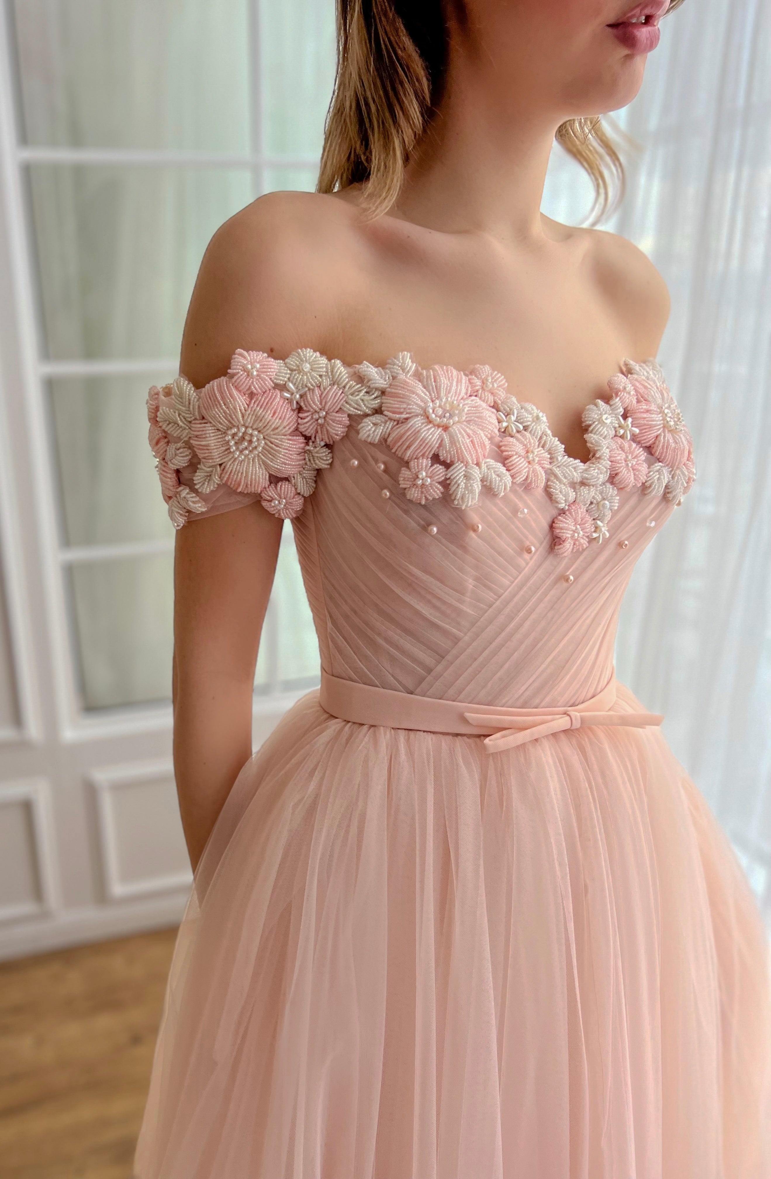 Peach midi dress with off the shoulder sleeves and embroidery