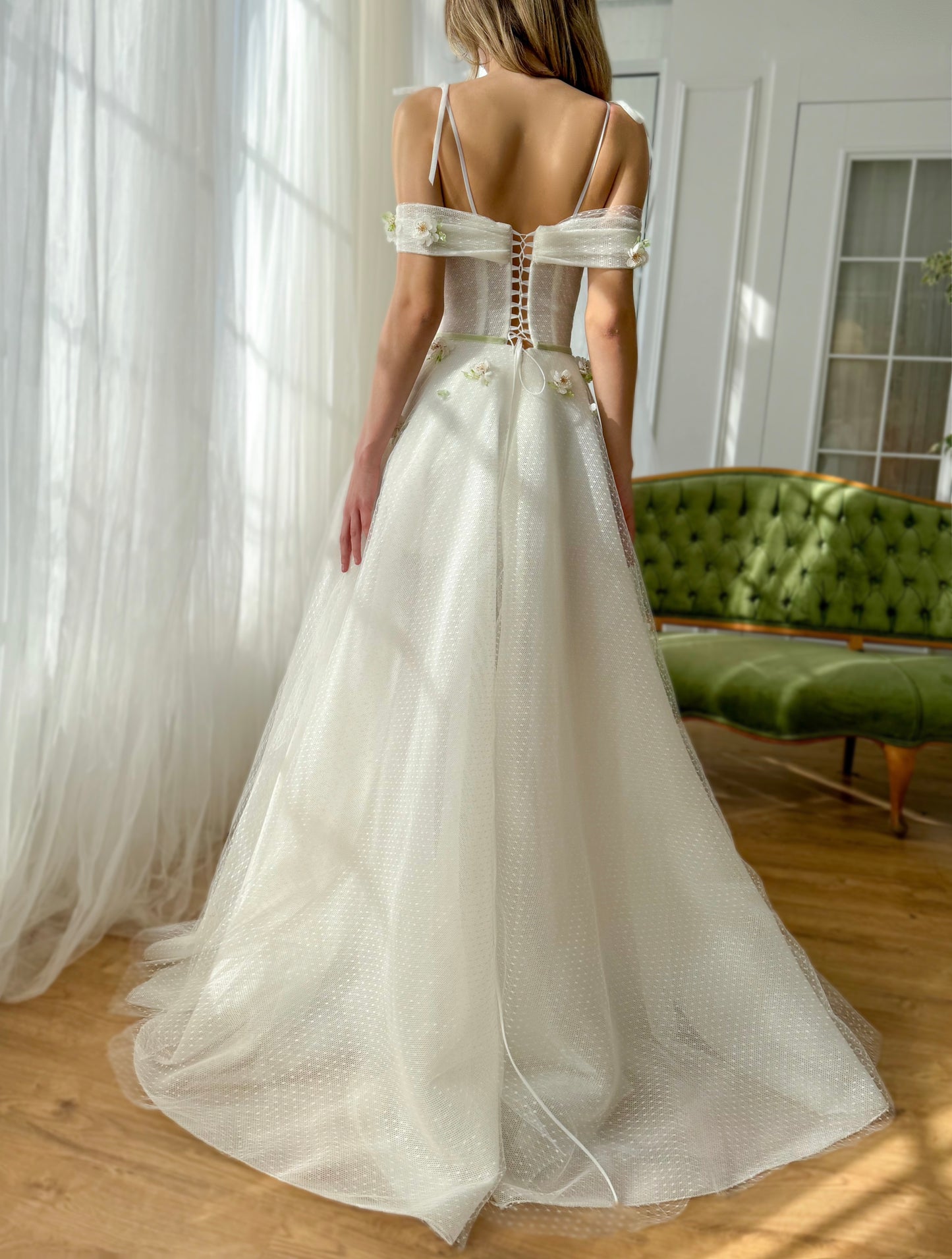 White A-Line dress with spaghetti straps and embroidery