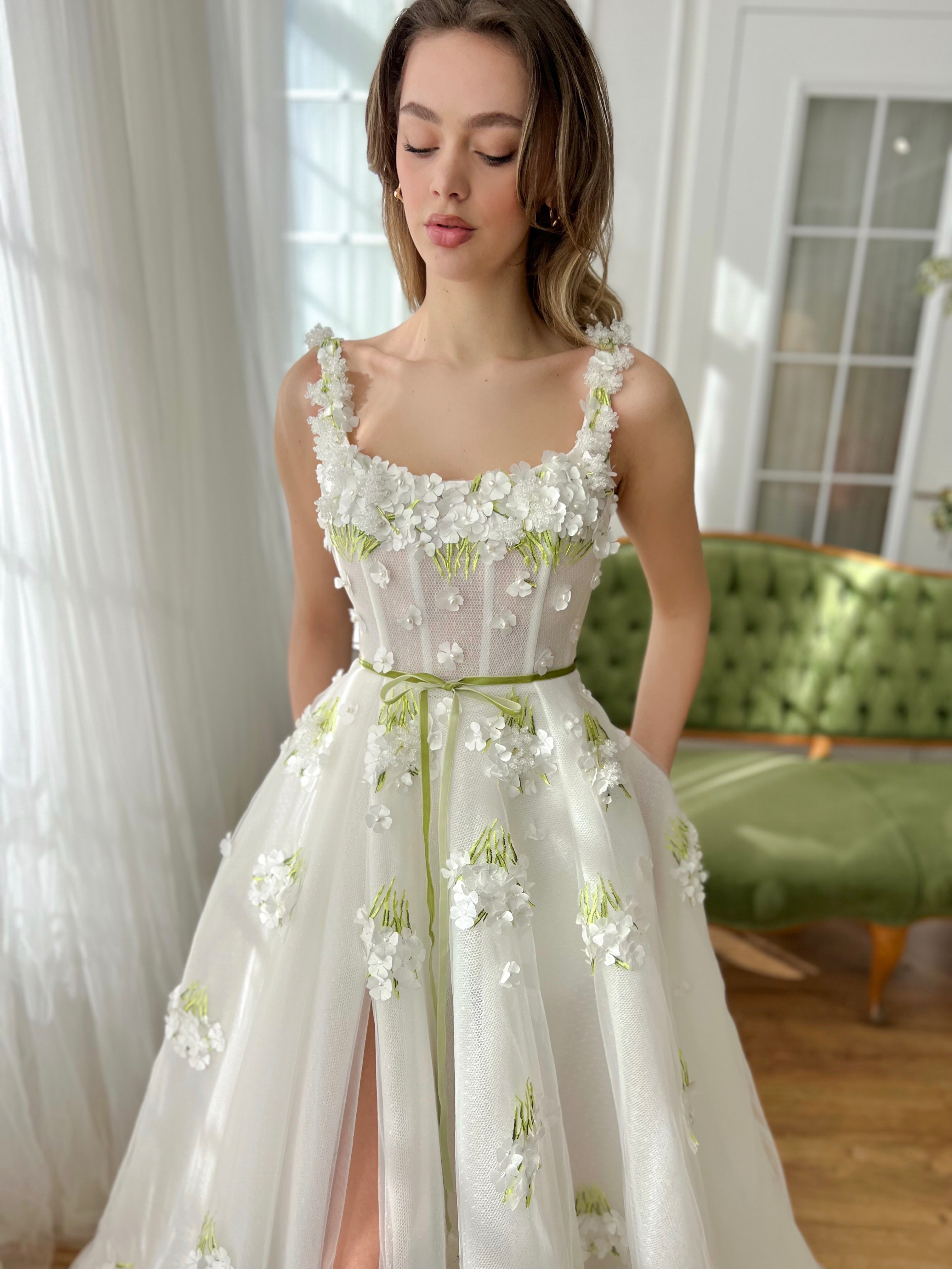 White A-Line dress with straps and embroidery