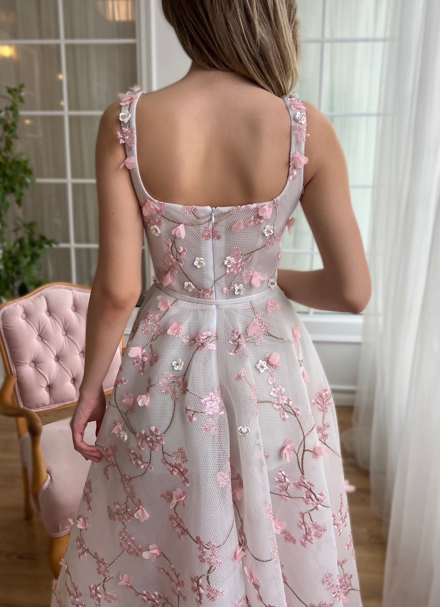 Pink midi dress with embroidered cherry blossoms and straps