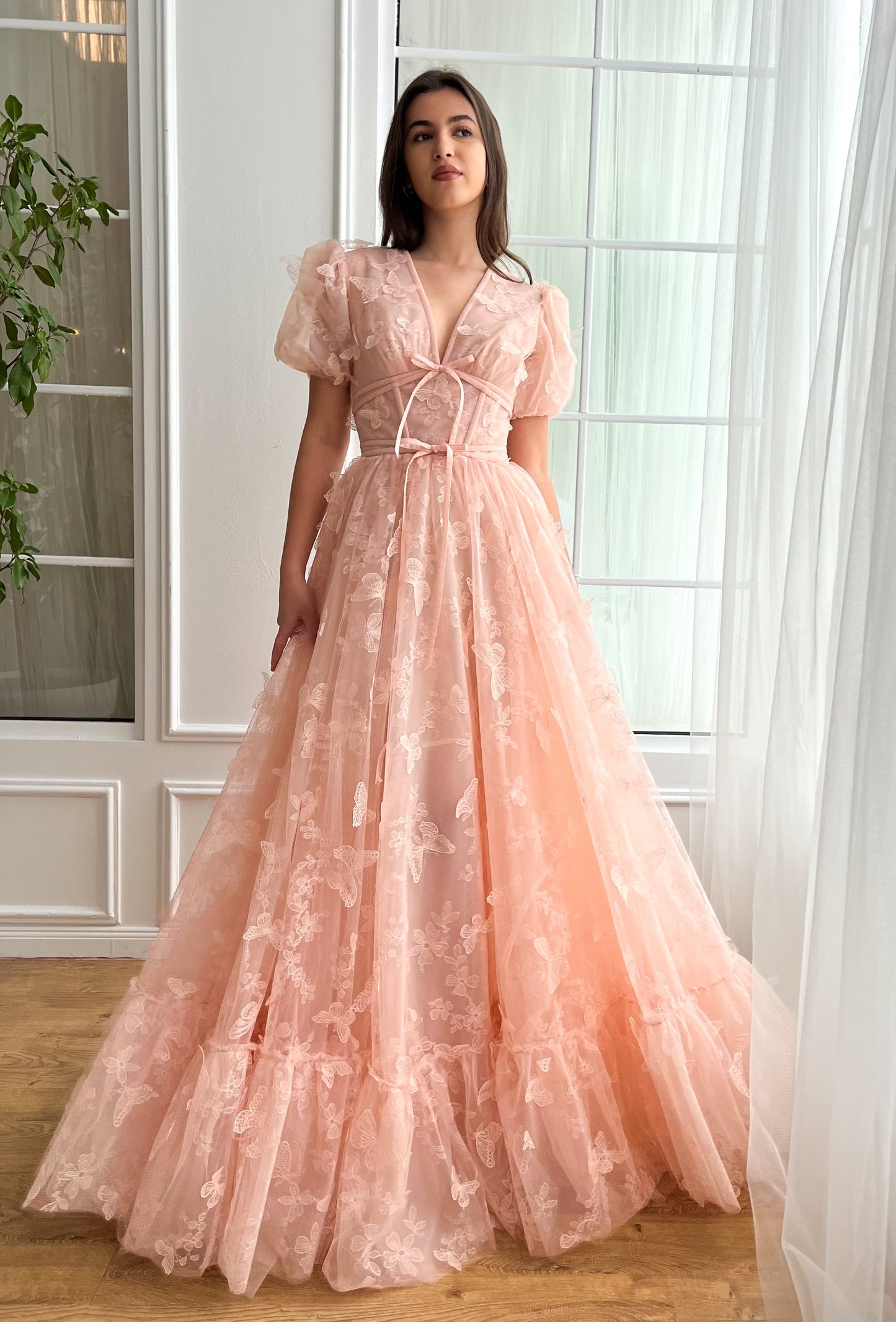 Pink A-Line dress with short sleeves, v-neck and embroidered butterflies