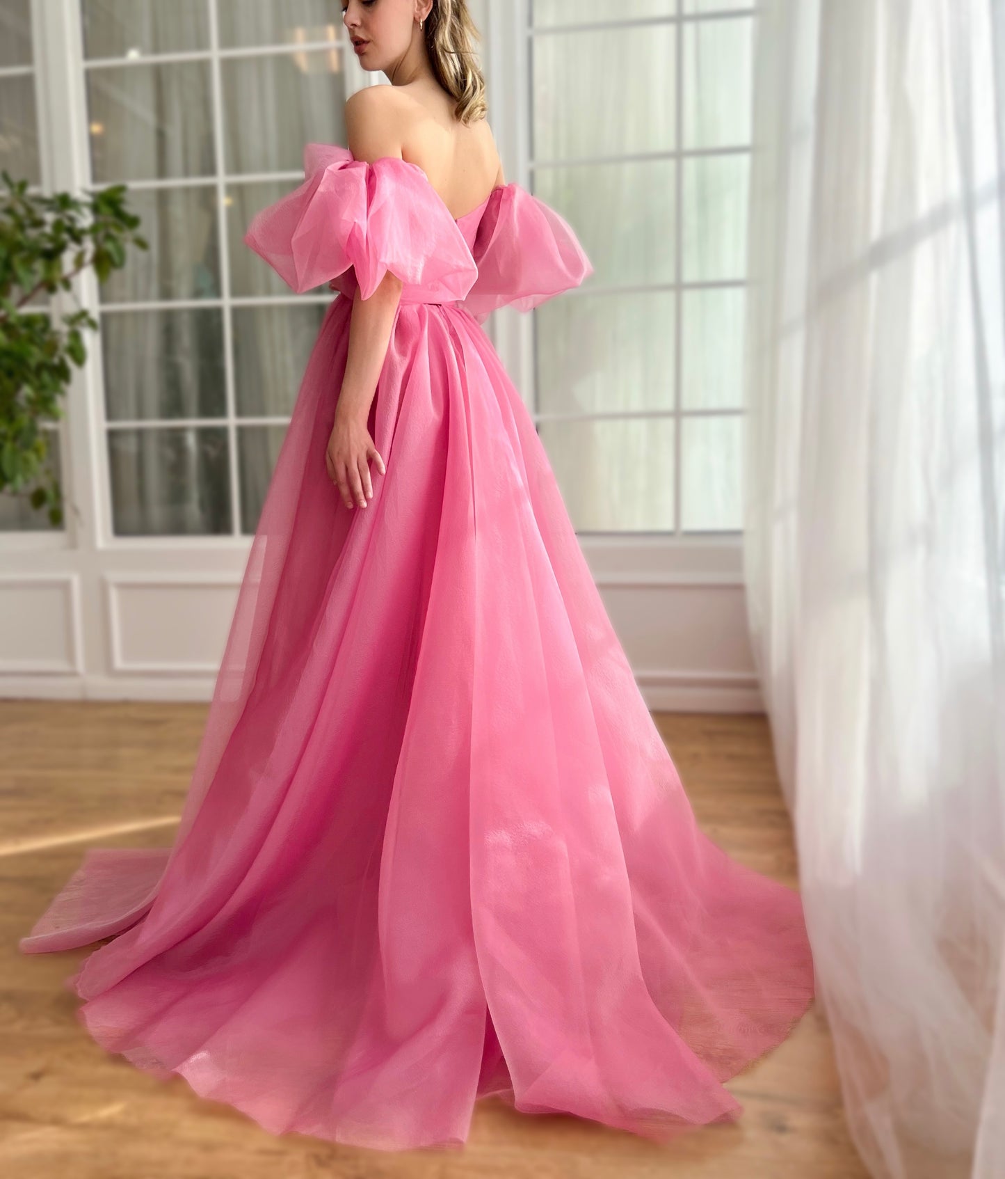 Pink A-Line dress with off the shoulder sleeves