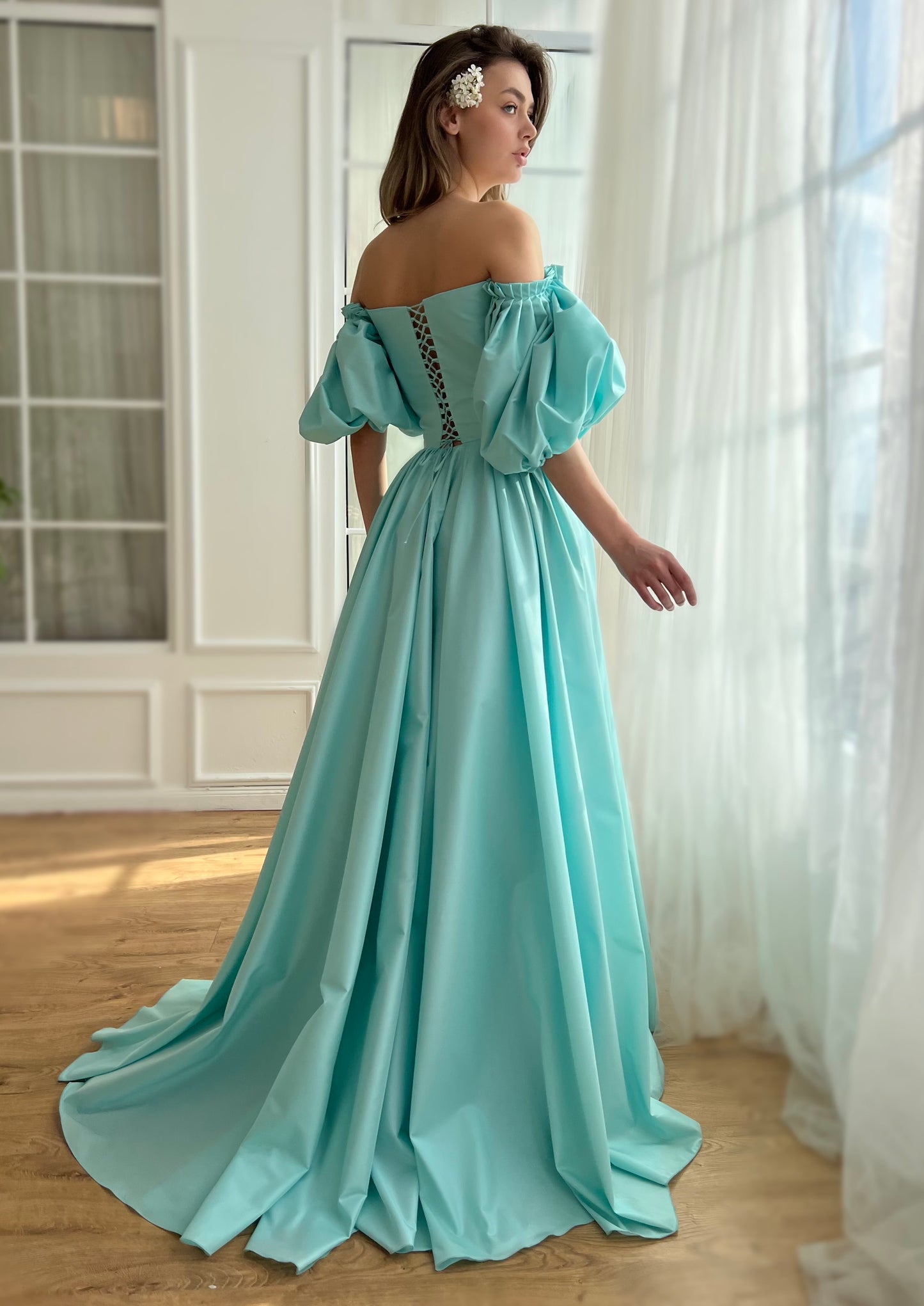 Blue A-Line dress with short off the shoulder sleeves