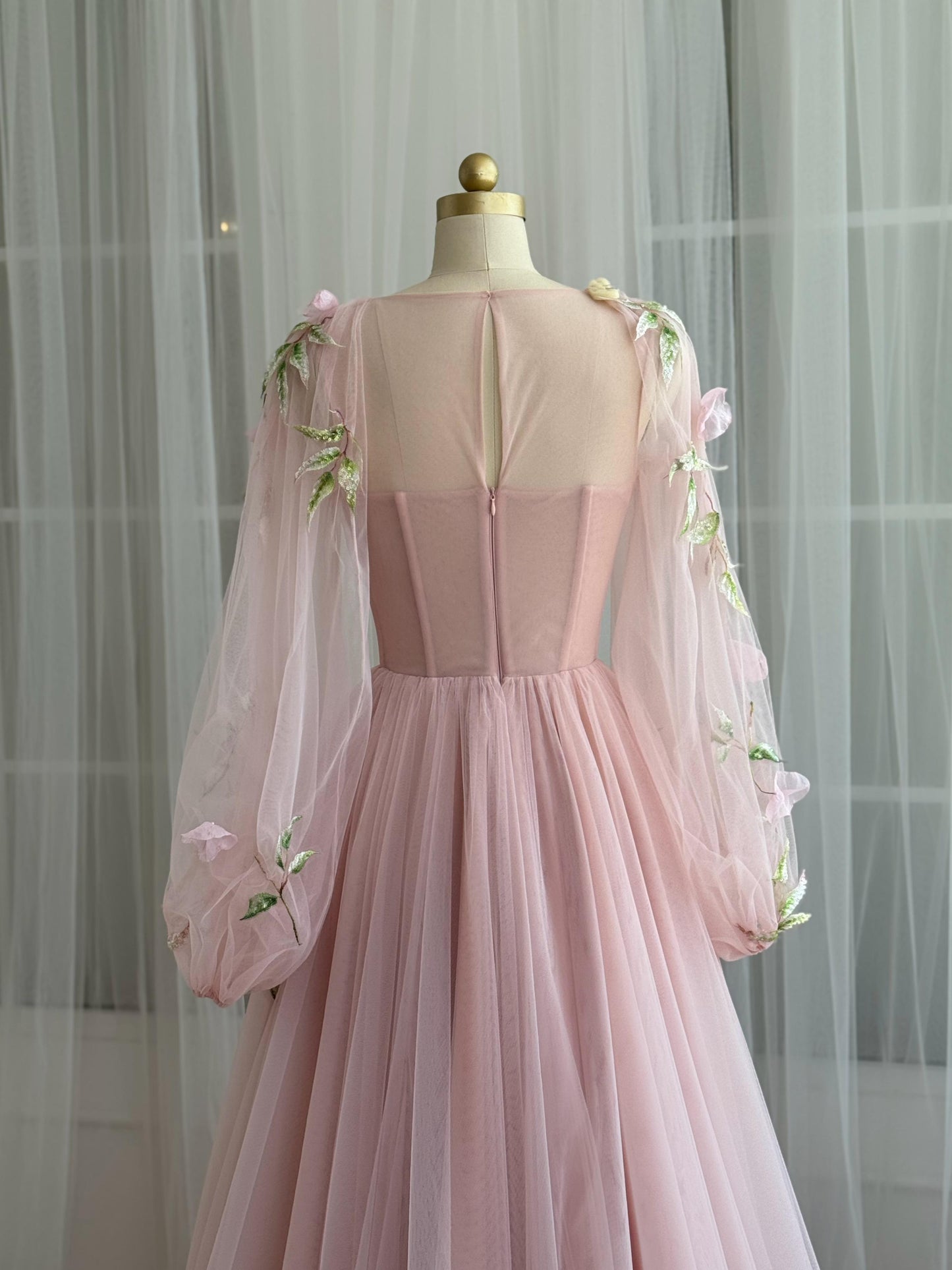 Pink A-Line gown with tulle, long sleeves and embroidery