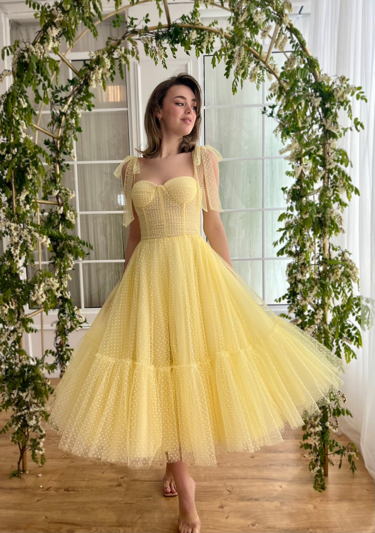 Yellow midi dress with off the shoulder sleeves and embroidery