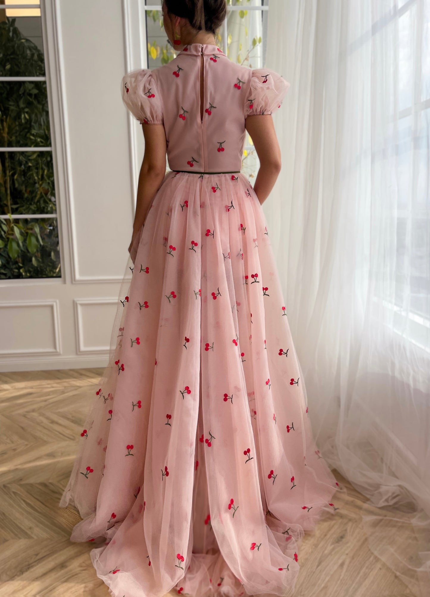 Pink A-Line dress with cherries, cap sleeves and collar top