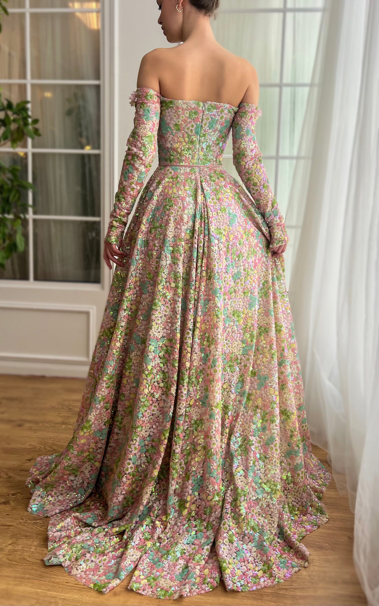 Colorful A-Line dress with long off the shoulder sleeves, embroidery and sequins
