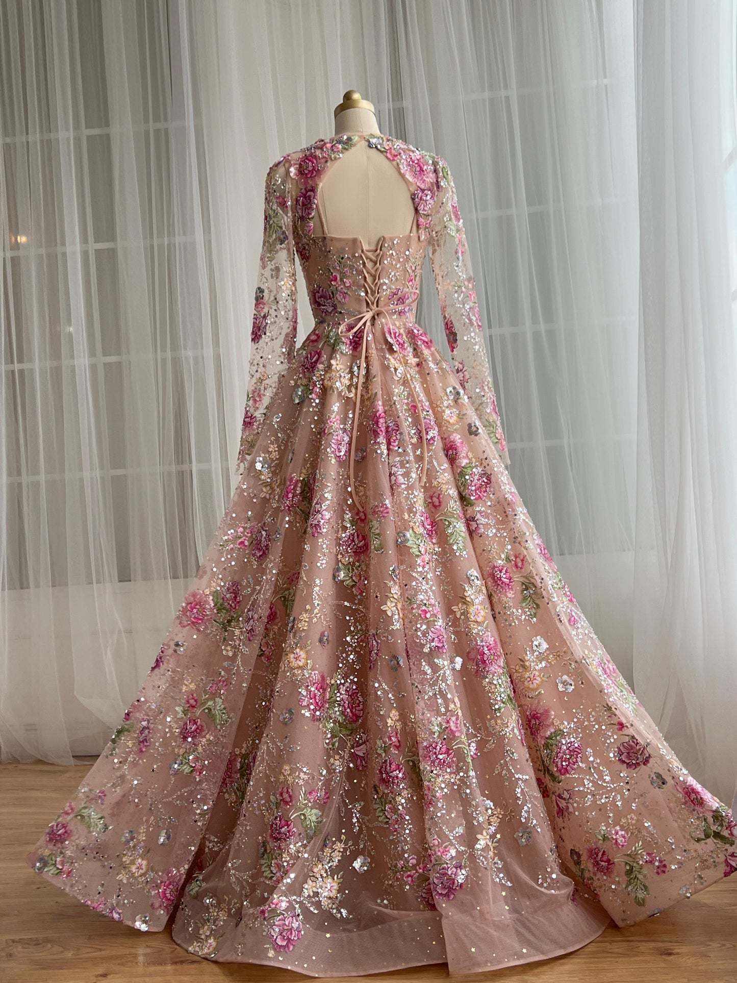 Pink A-Line dress with long sleeves and embroidery