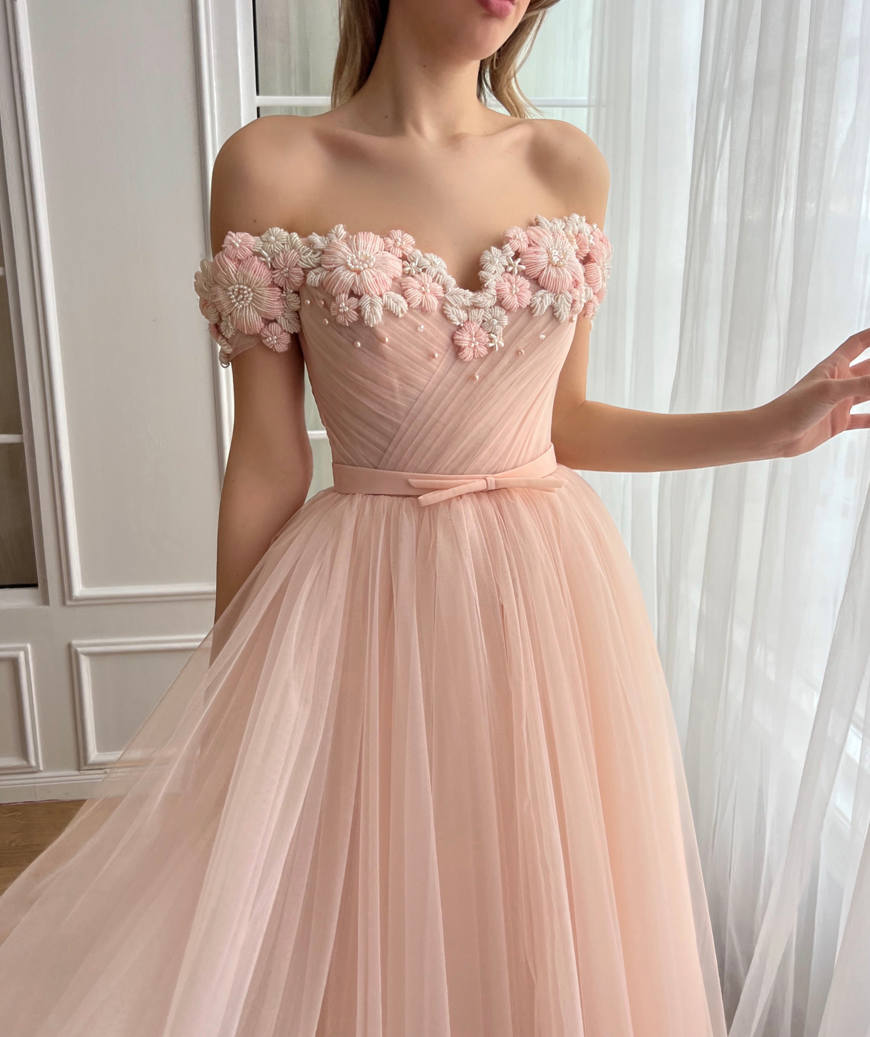 Peach midi dress with off the shoulder sleeves and embroidery