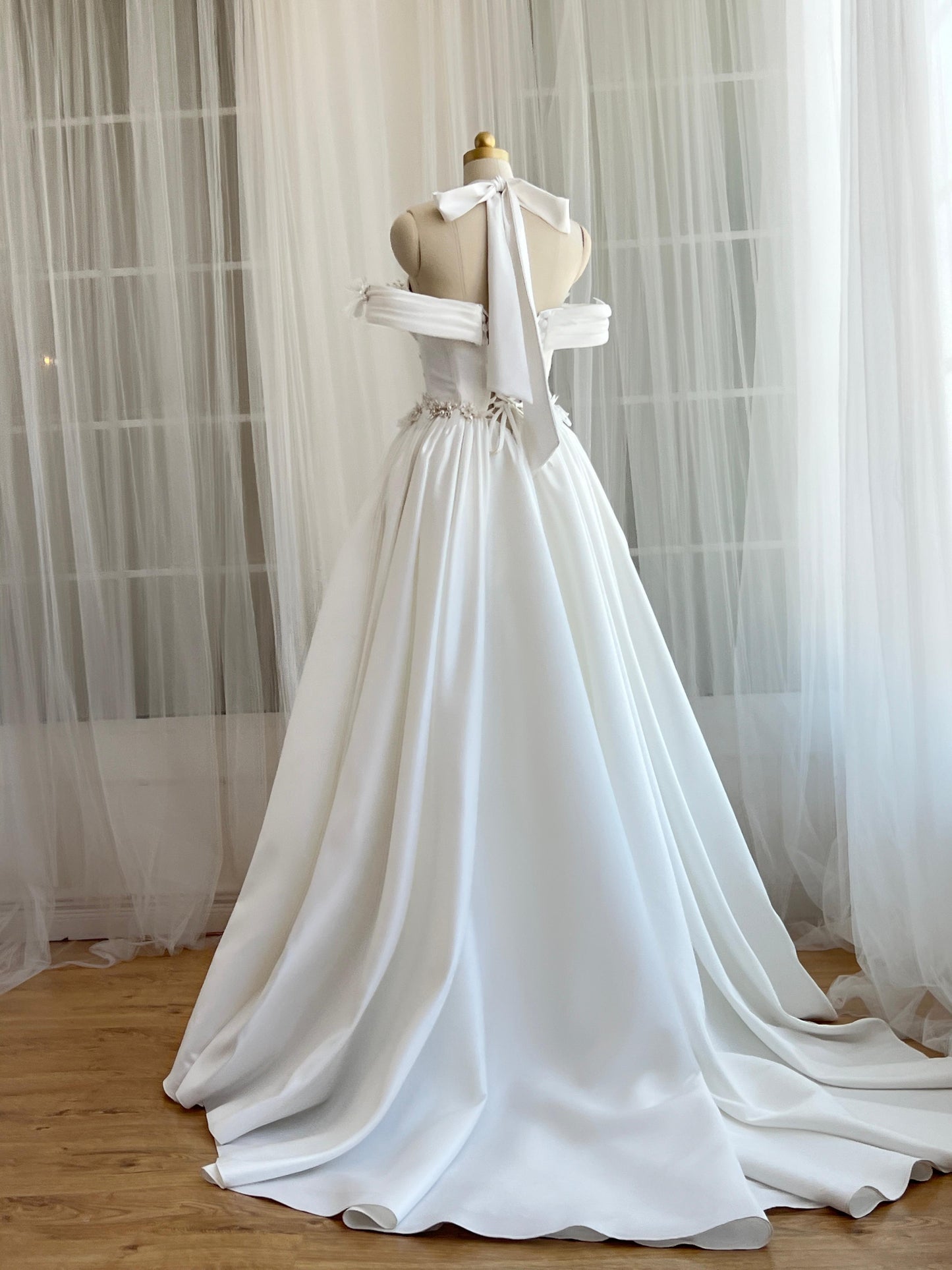 White bridal A-Line dress with embroidery, straps, off the shoulder sleeves and pearls