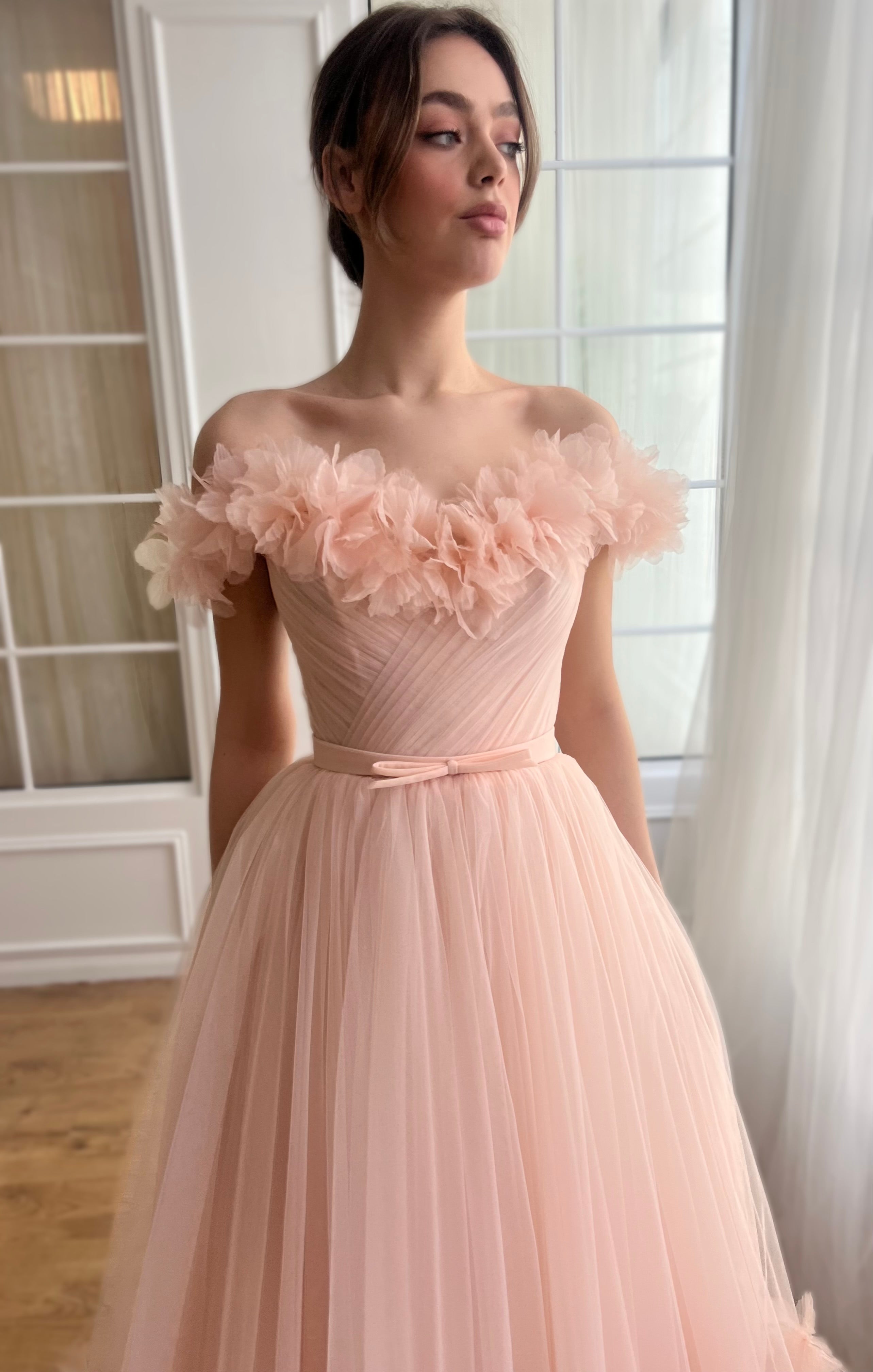 Peach midi dress with off the shoulder sleeves and embroidery
