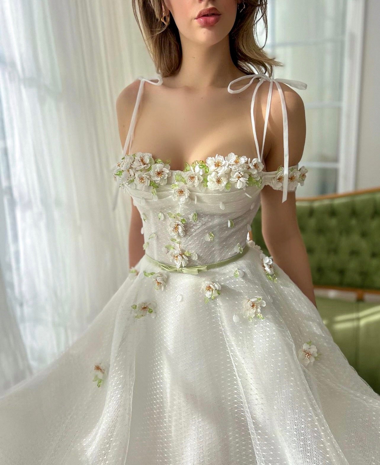 White A-Line dress with spaghetti straps and embroidery