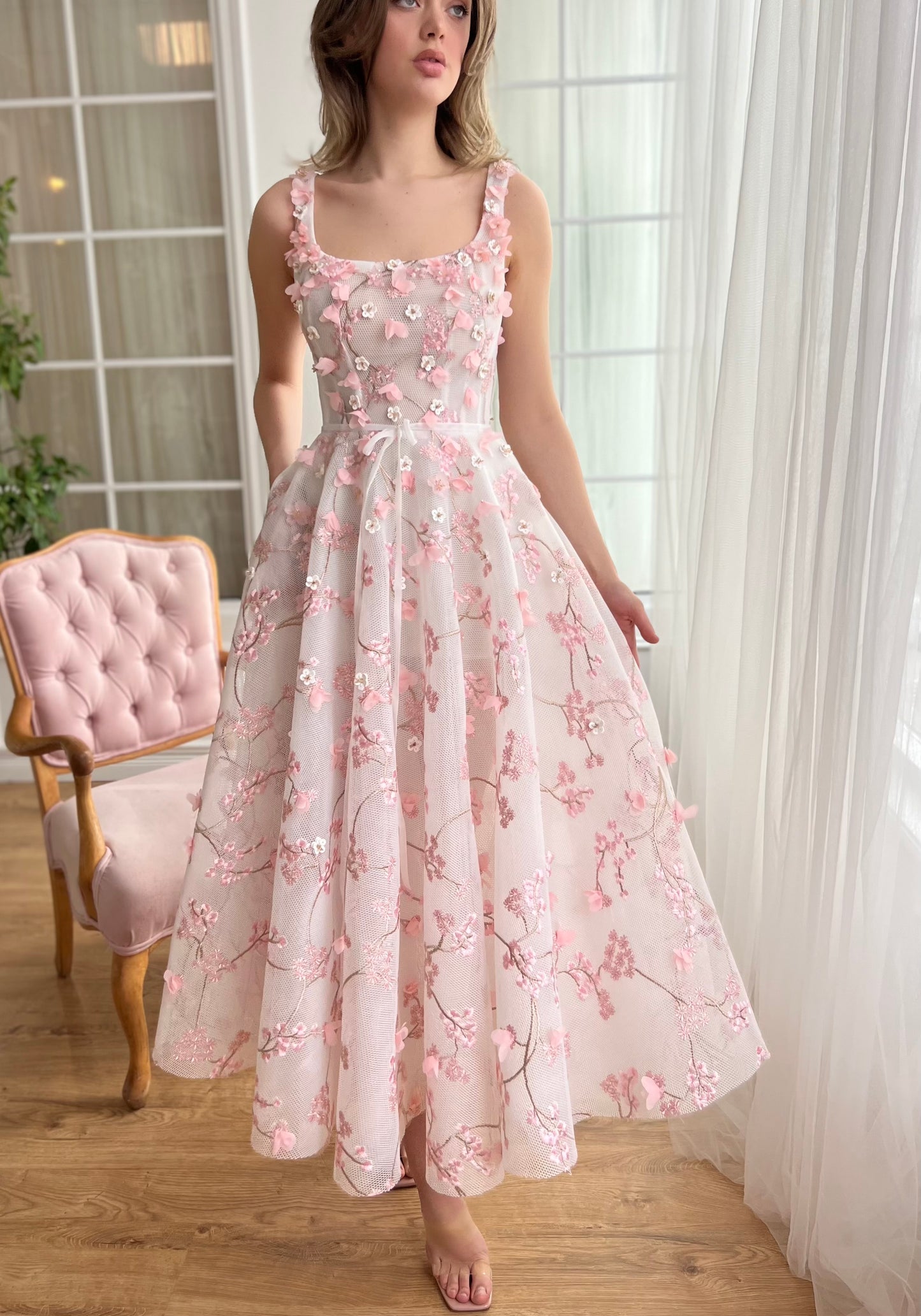 Pink midi dress with embroidered cherry blossoms and straps