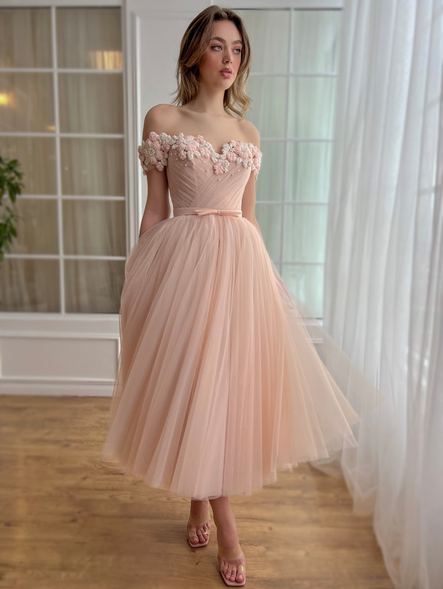 Peach midi dress with off the shoulder sleeves and embroidery
